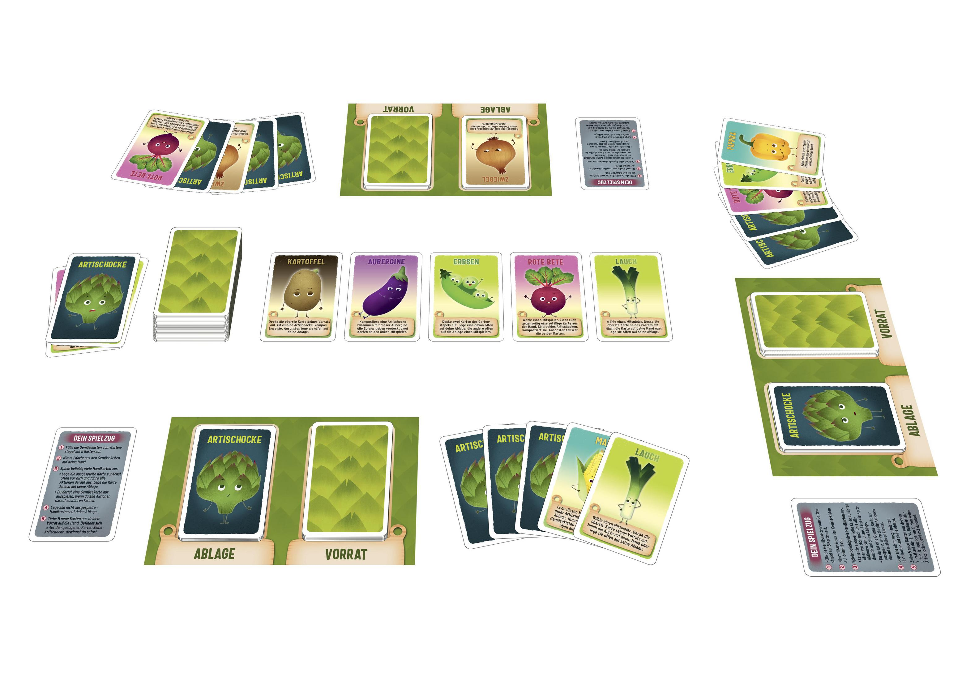 Jeu de société avec cartes de légumes. Les cartes montrent artichaut, pomme de terre, aubergine, carotte, betterave, poireau. 'vorrat' et 'ablage'.