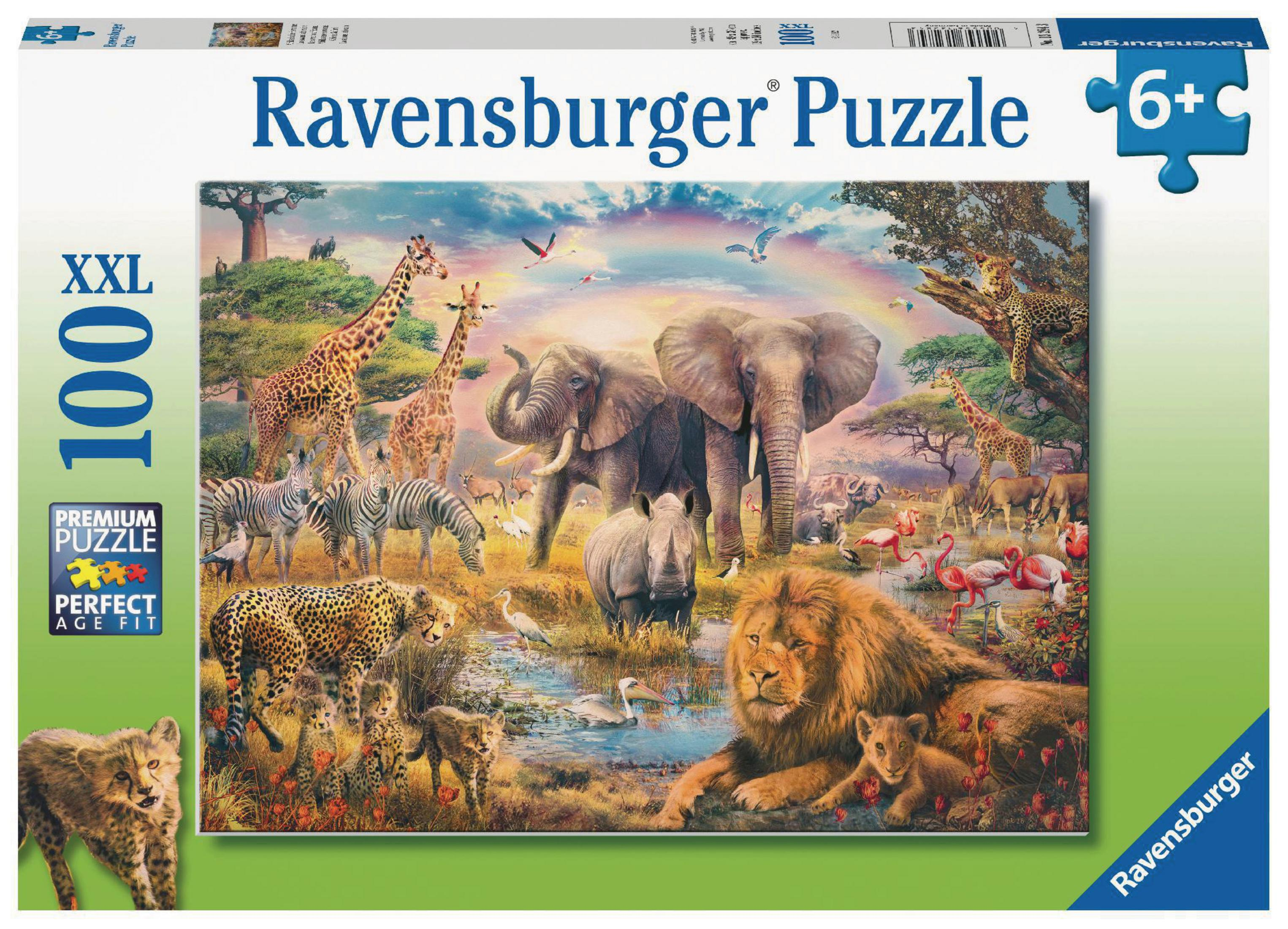 Puzzle Ravensburger przedstawia afrykańską przyrodę: żyrafy, słonie, zebry i lwy.