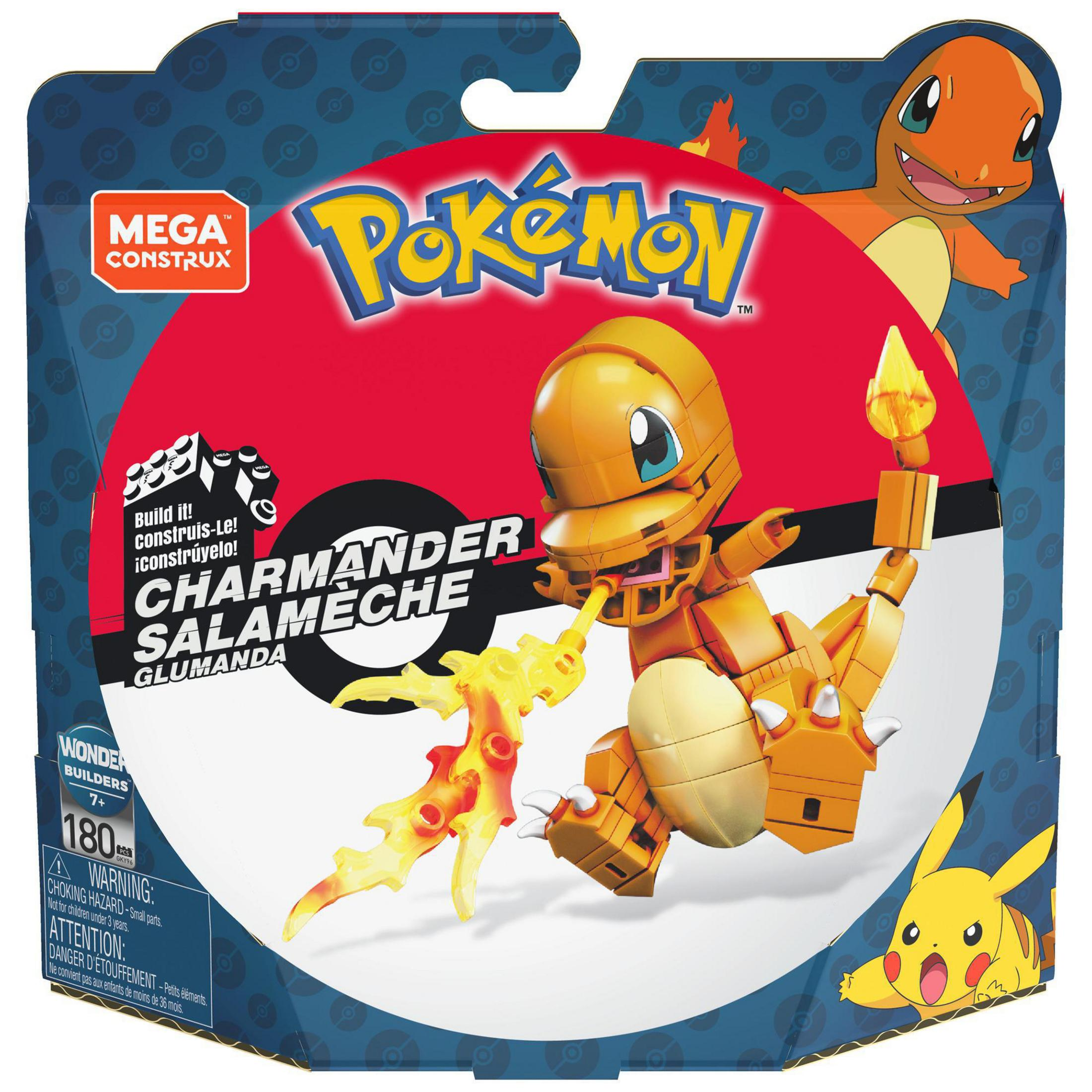 Ein Lego-Set einer Charmander-Figur mit Flamme, auf einer Box mit Pikachu dargestellt.