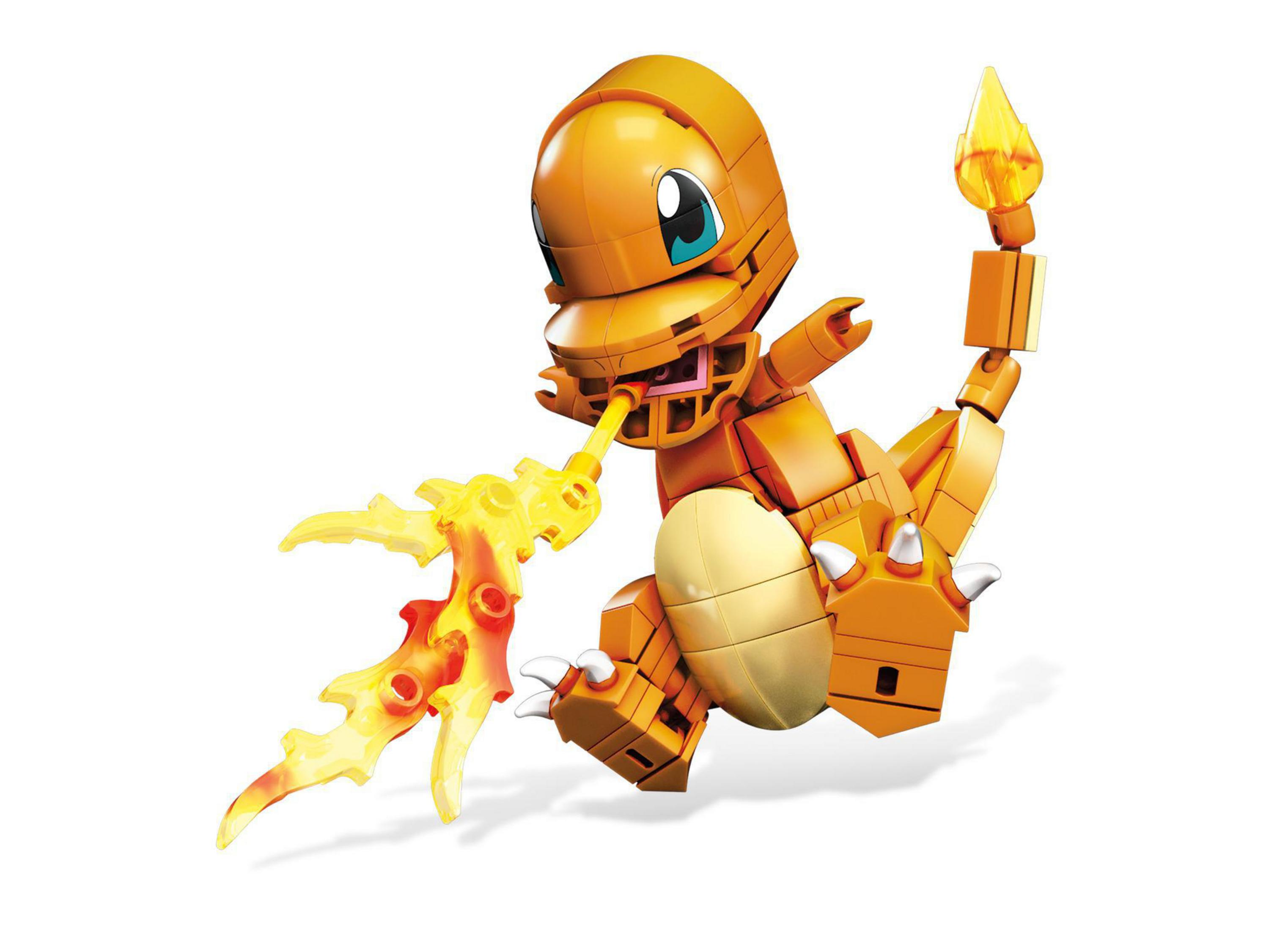 Eine Lego-Charmander-Figur in Orange. Es hat einen Feuereffekt, der aus Mund und Schwanz kommt.