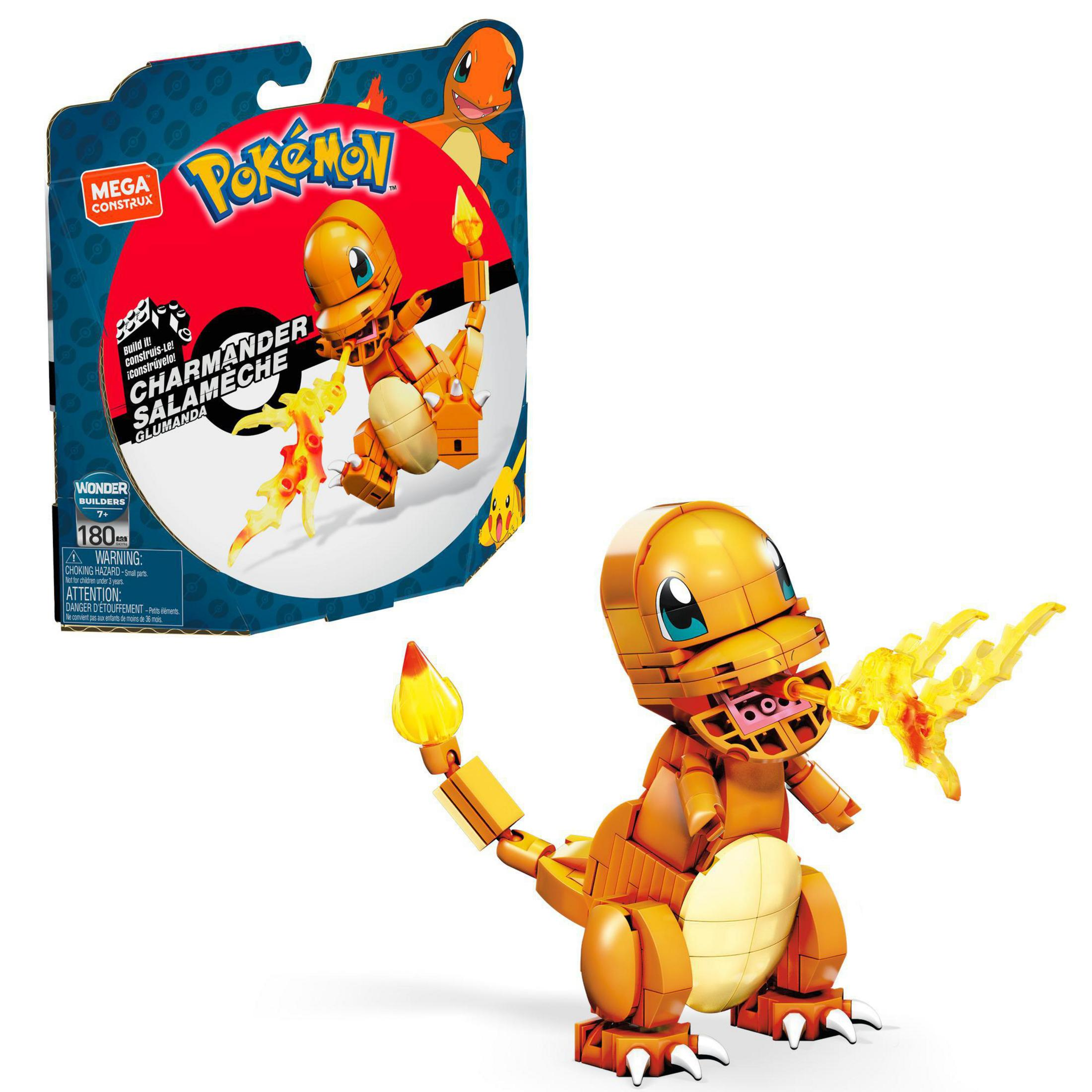 Mega Construx Pokémon Glumanda Figur. Die Figur ist orange und in Action-Pose.