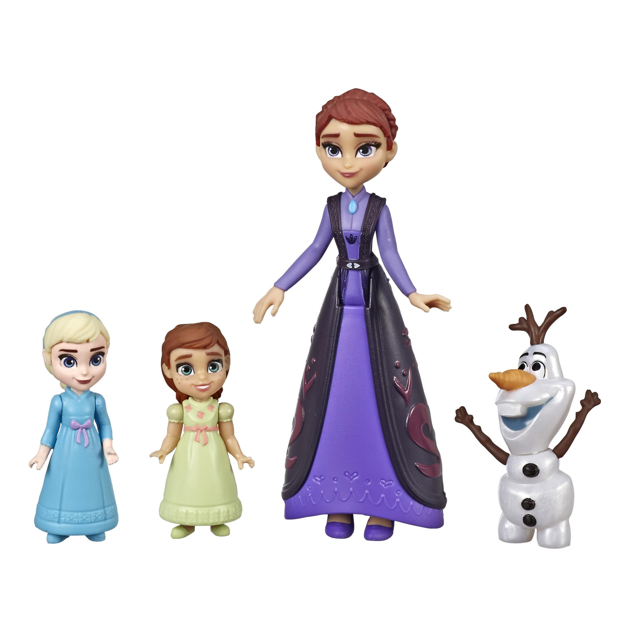 Frozen Spielzeug-Set mit Anna, Elsa, junger Anna und Olaf Figuren. Bunt und cartoonhaft.