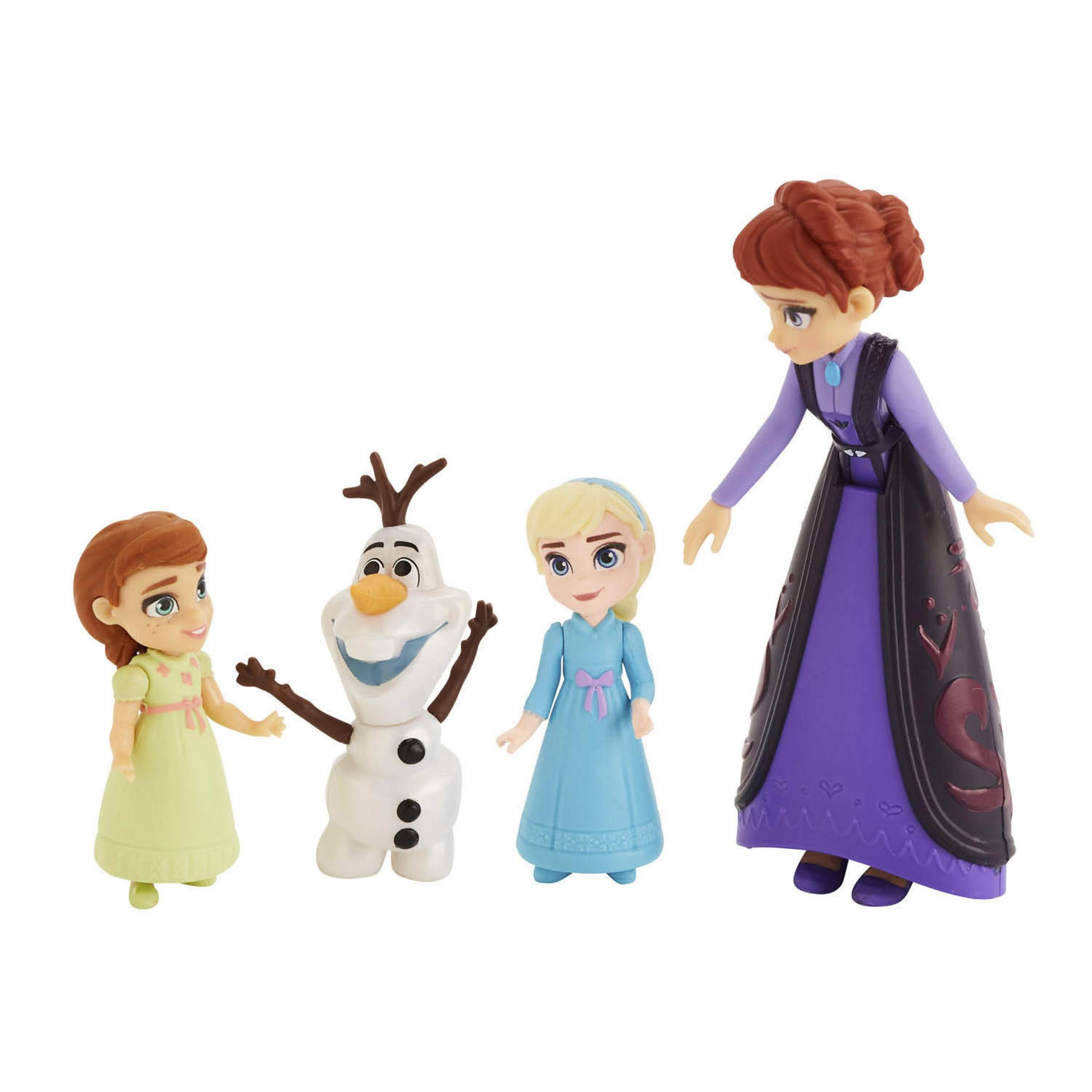 Frozen-Spielfiguren von Anna, Olaf, Elsa und der Königin, alle in einer Reihe.