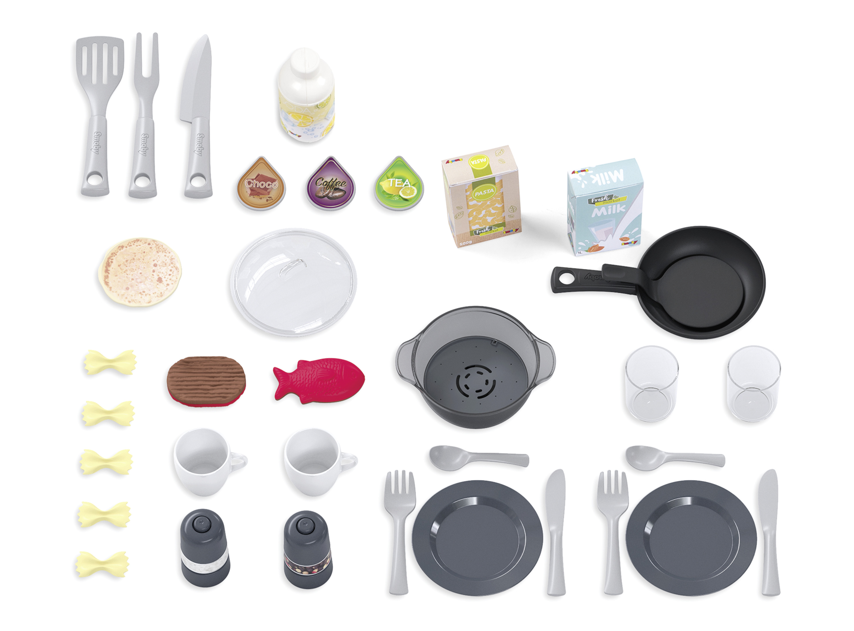 Kolekcja zabawek kuchennych. Talerze, kubki, sztućce i produkty spożywcze ułożone na białej powierzchni.