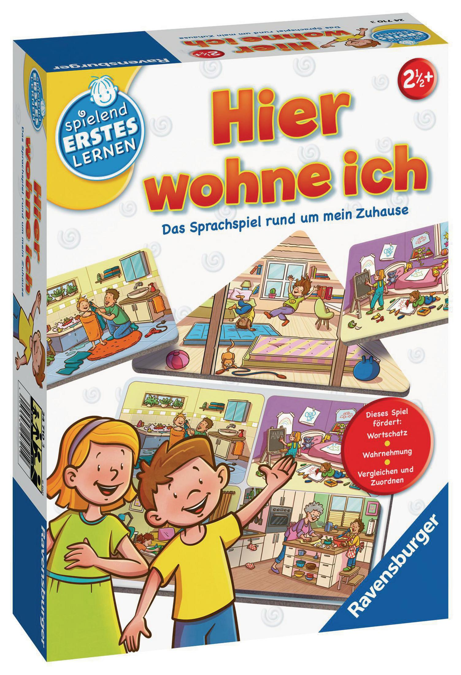 Spielbox mit einer Hausszene. Kinder betrachten Szenen von Räumen.