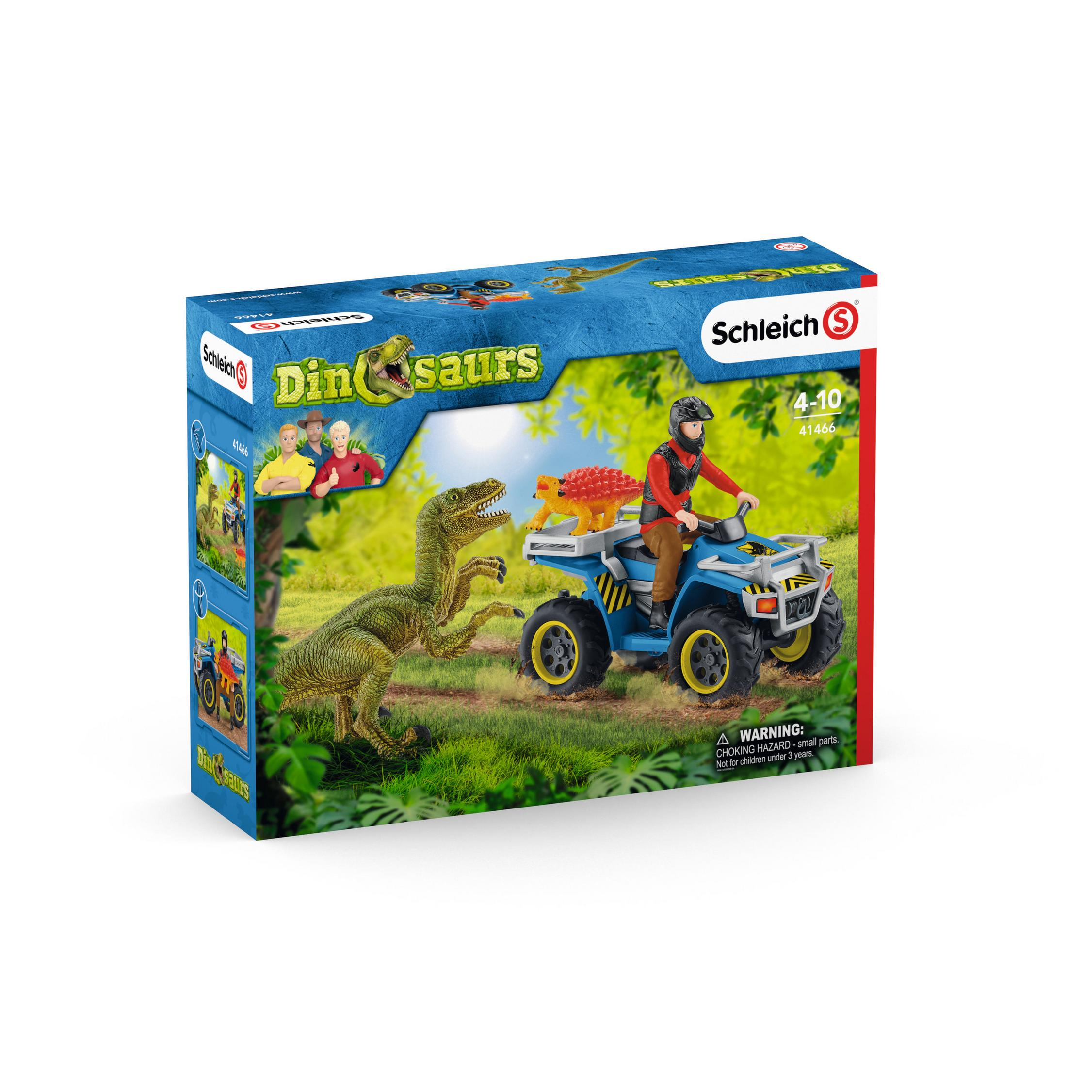 Boîte de jouets avec un ensemble de dinosaures. Comprend un dinosaure, une personne sur un véhicule et un décor.