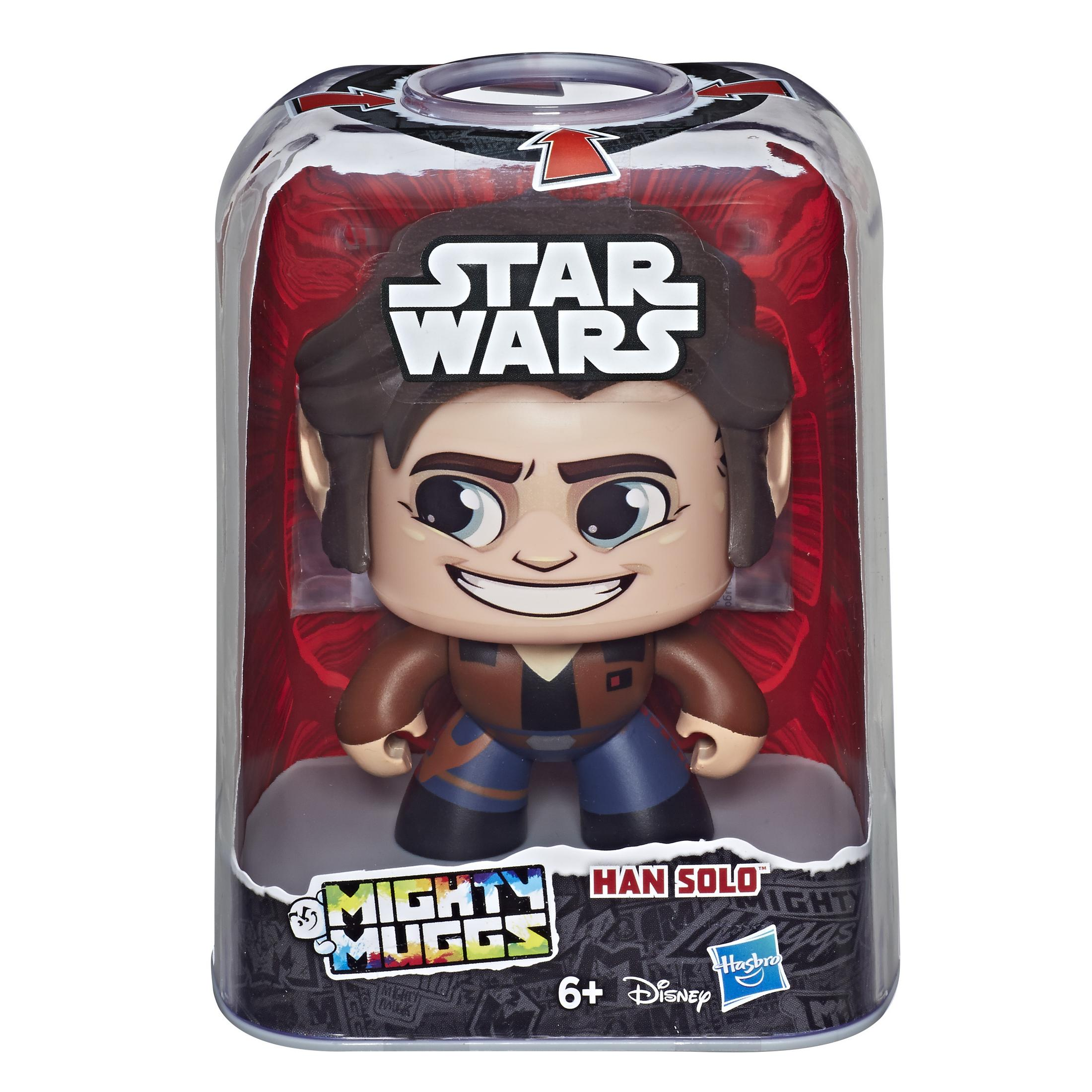 Figurka Han Solo Mighty Mugg w przezroczystej gablocie. Figurka się uśmiecha.