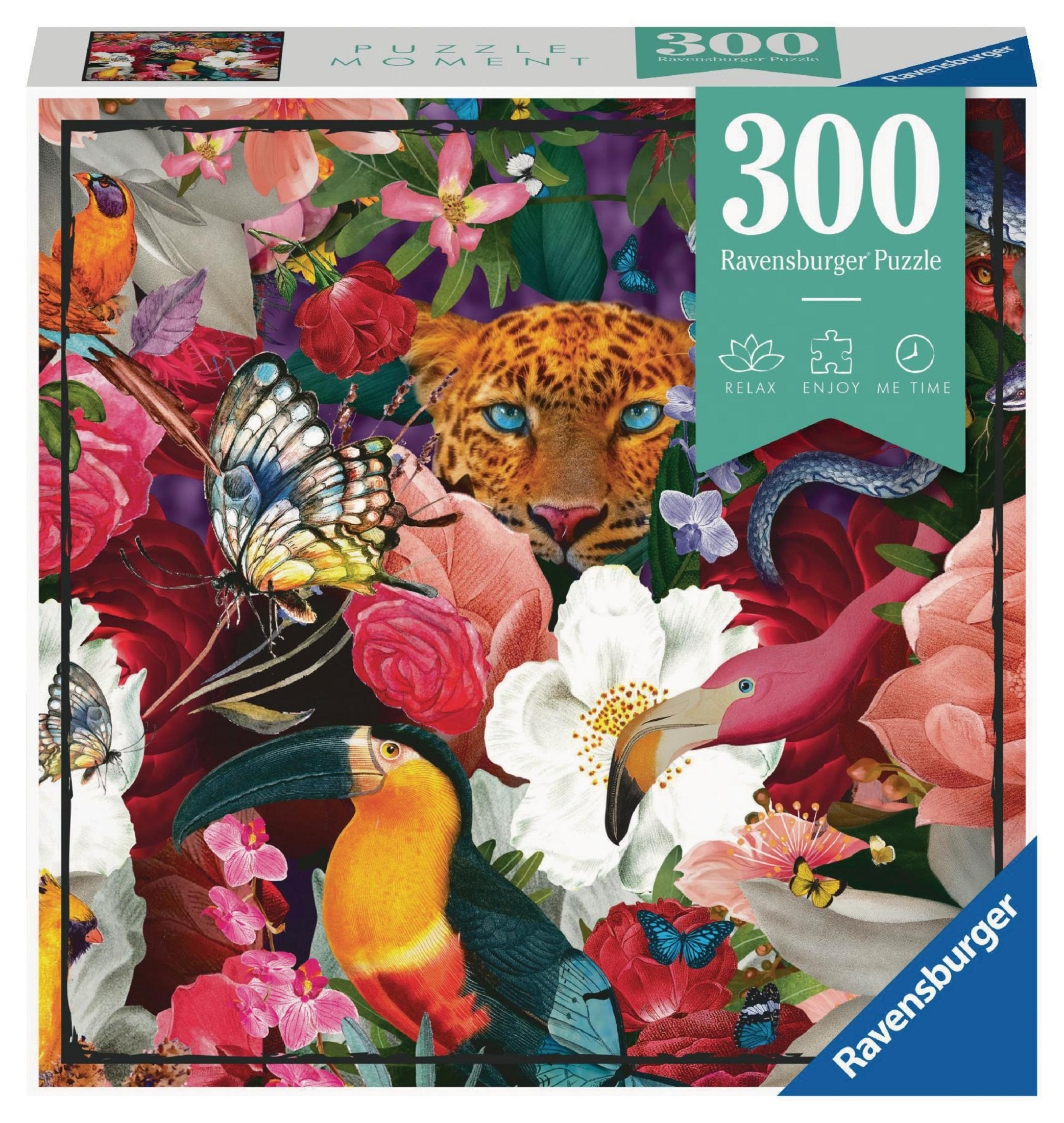 Puzzelbox mit Dschungelszene mit Leopard, Vögeln, Blumen und Schmetterlingen.