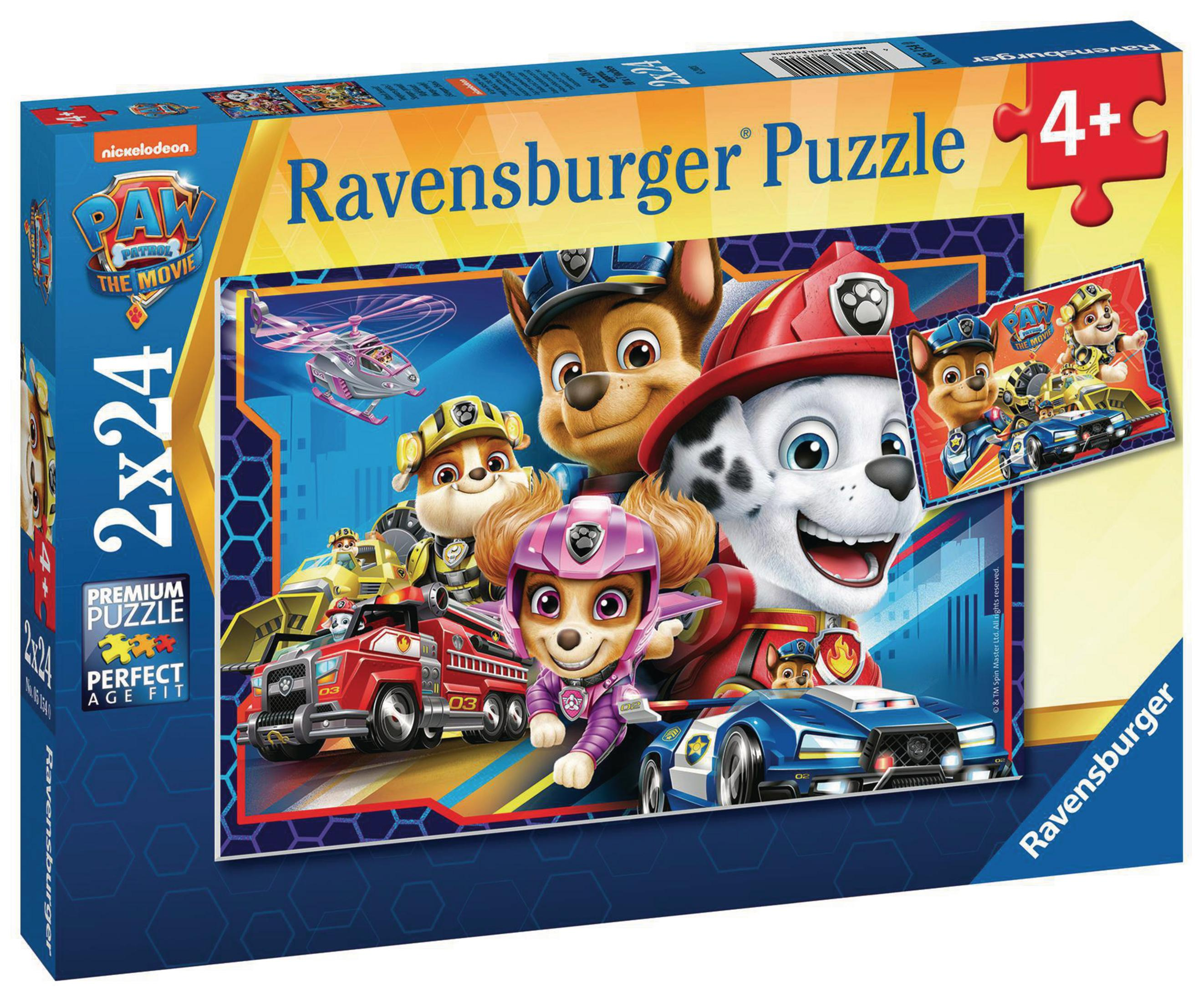 Eine Paw Patrol Puzzlebox. Enthält die Paw Patrol Charaktere, einen Hubschrauber und Fahrzeuge. Blauer Hintergrund.