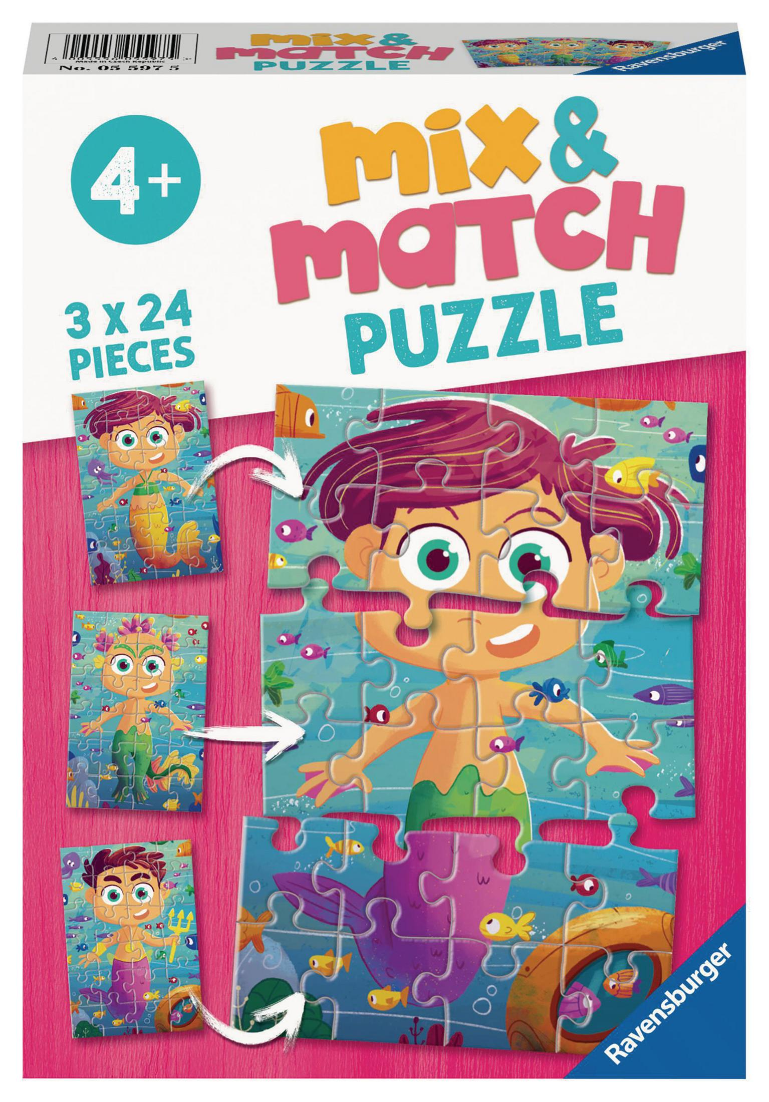 Mix & Match Puzzle Box. Die Puzzleteile zeigen Meerjungfrau-Illustrationen. Der Hintergrund ist blau.