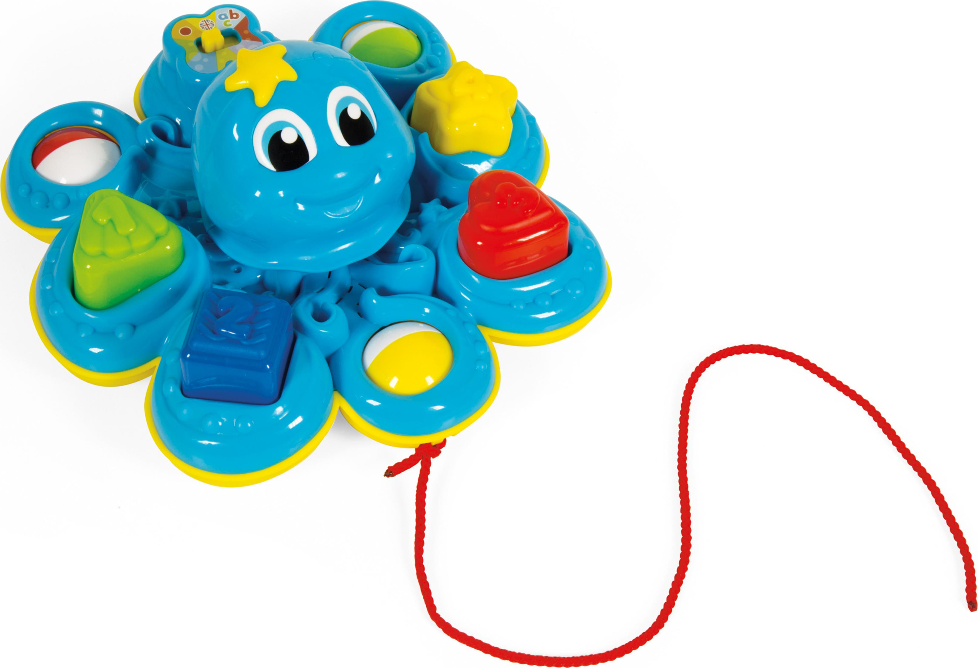 Blaues Oktopus-Spielzeug mit Formen und einer Zugkordel vor weißem Hintergrund.