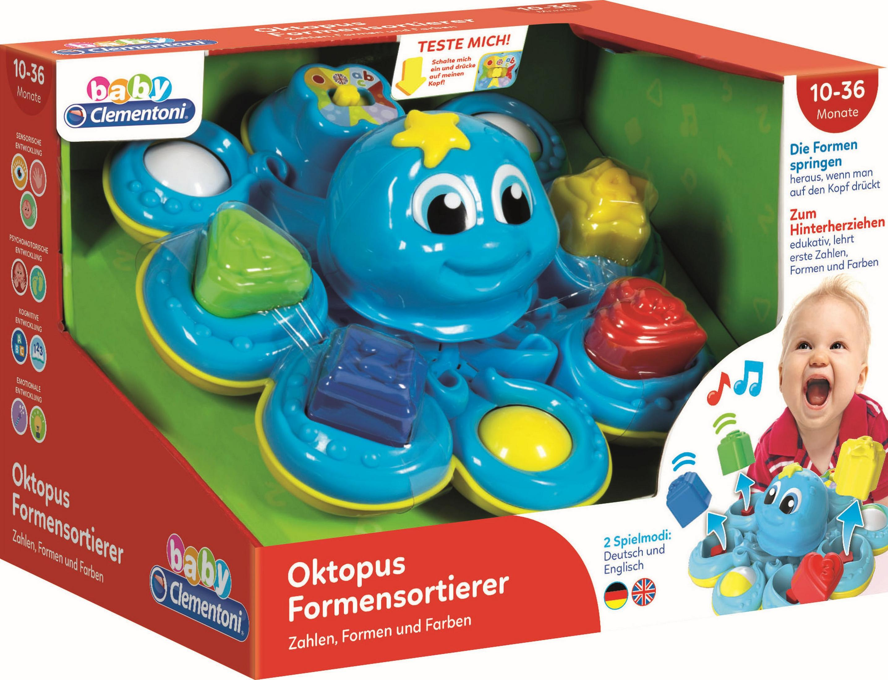 Baby-Spielzeug-Oktopus mit farbigen Formen. In einer Box mit Babyfoto auf der Seite.