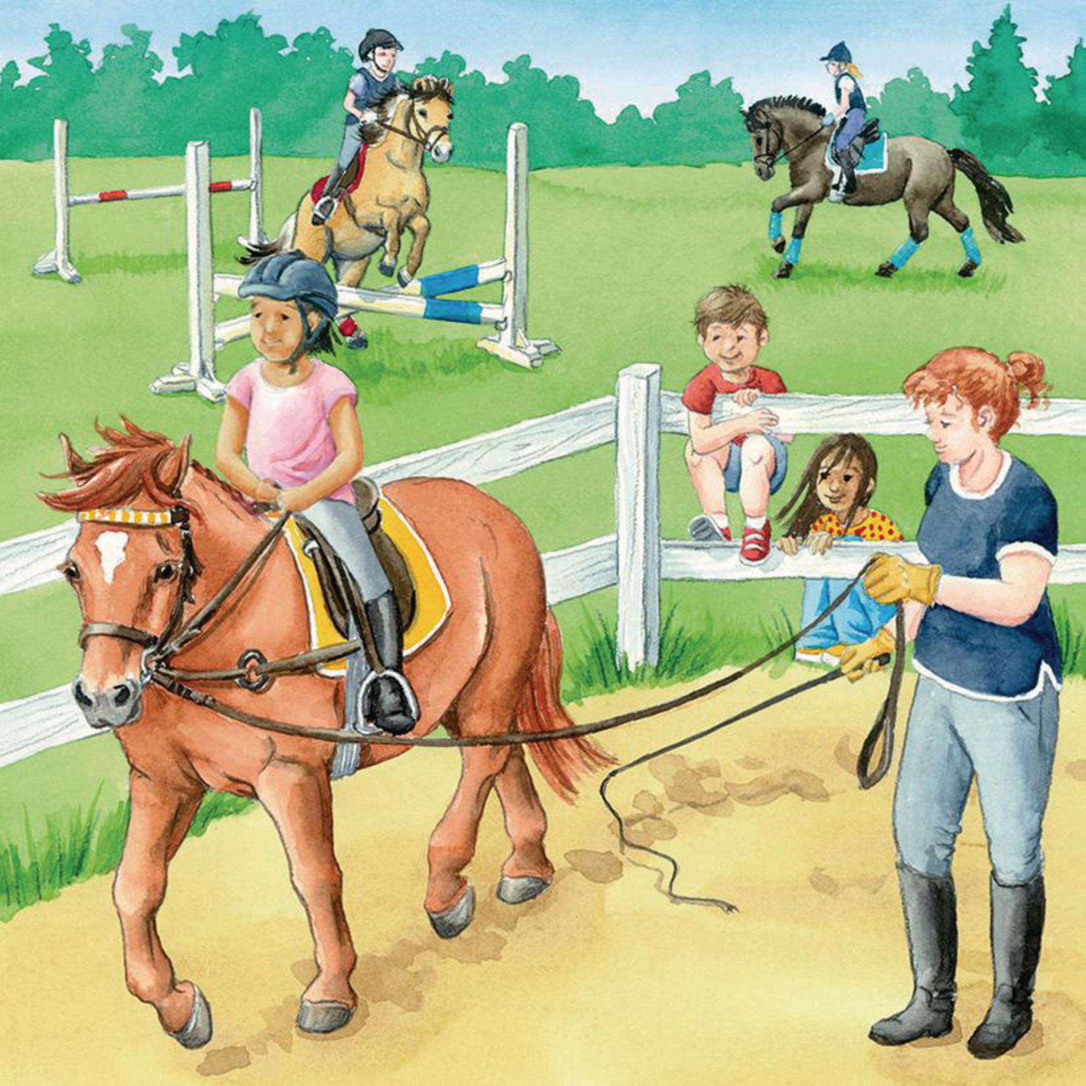 Illustration von Kindern beim Reitunterricht. Ein Mädchen auf einem Pferd und zwei Kinder beim Zuschauen.