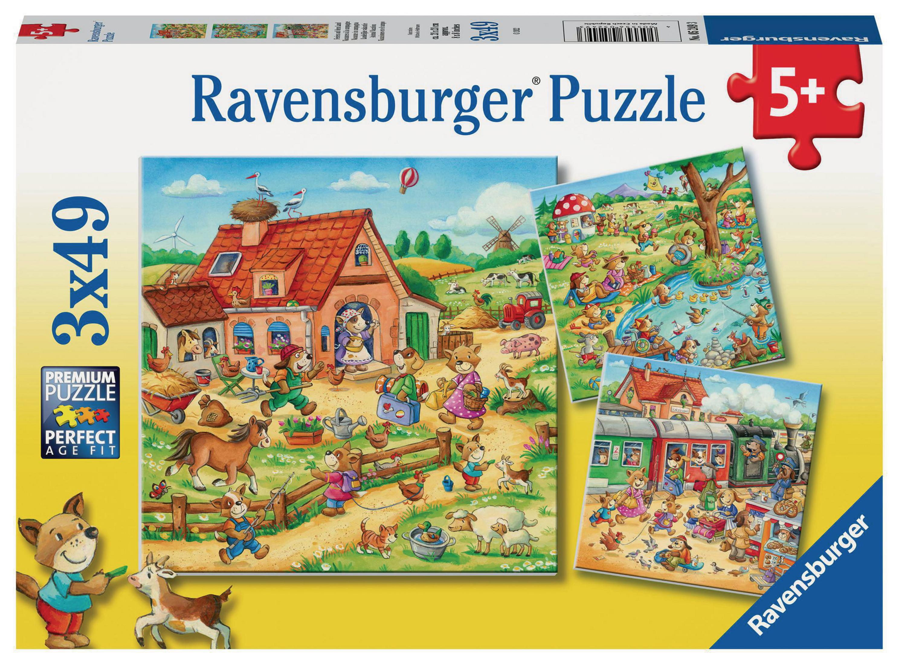 Eine Ravensburger Puzzle-Box, die eine Bauernhofszene mit Tieren und einem Haus zeigt.