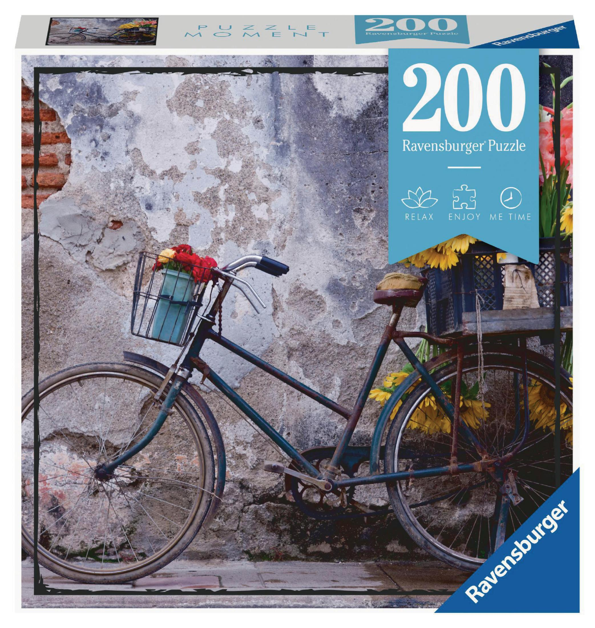 Puzzelbox mit Fahrrad mit Blumenkorb vor strukturierter Wand.
