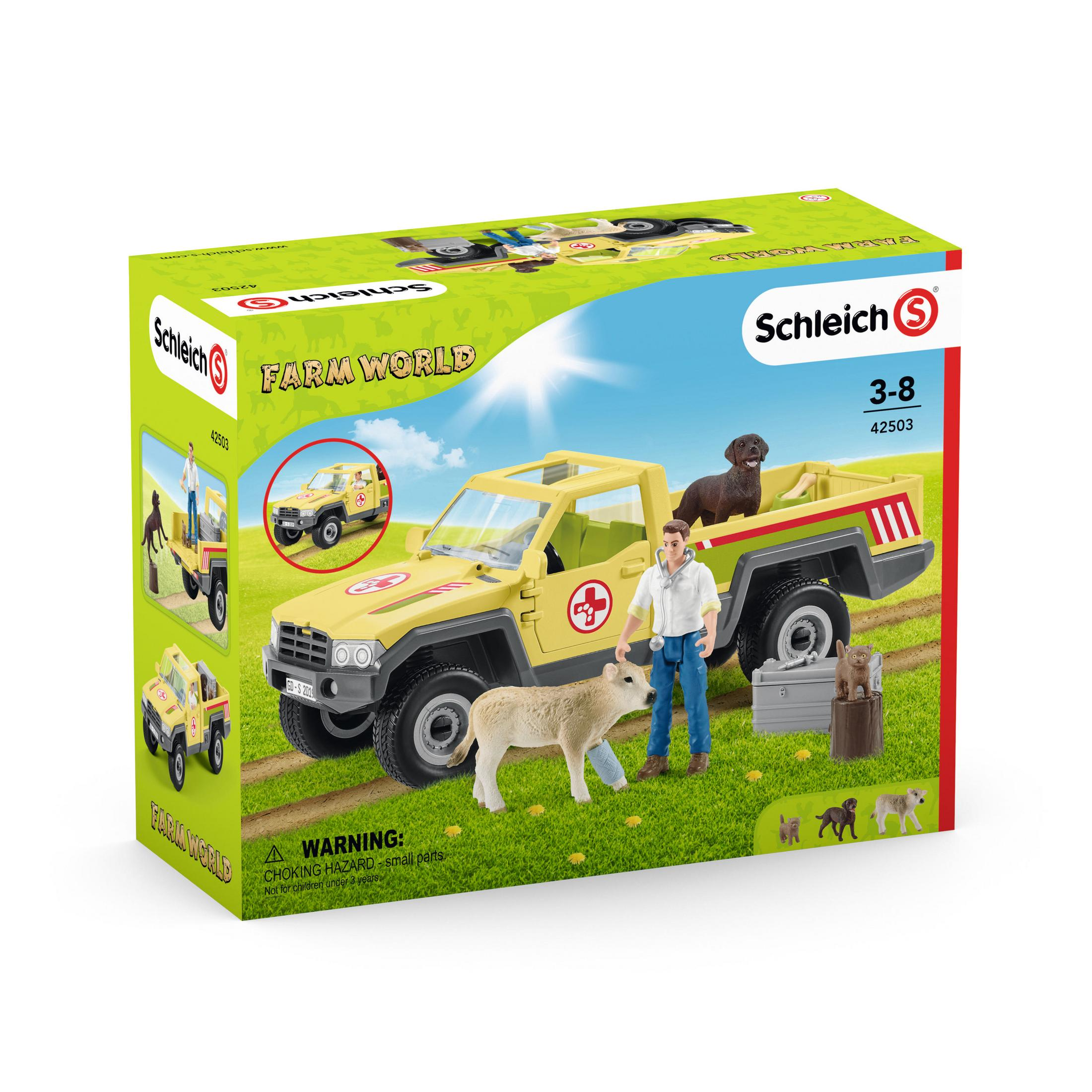 Farm World Spielset mit gelbem Truck, Bauer, Tieren und Zubehör.