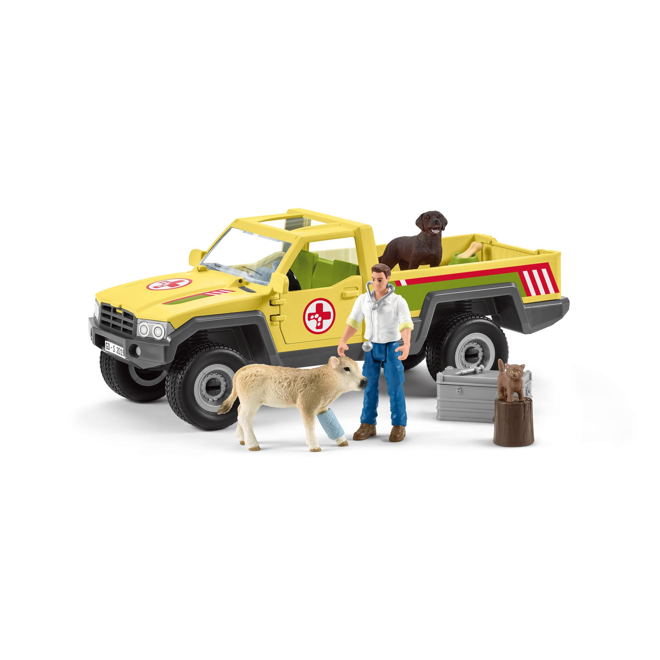 Ein Tierarztwagen mit einem Tierarzt und Tieren. Die Tiere sind ein Kalb und ein Hund.