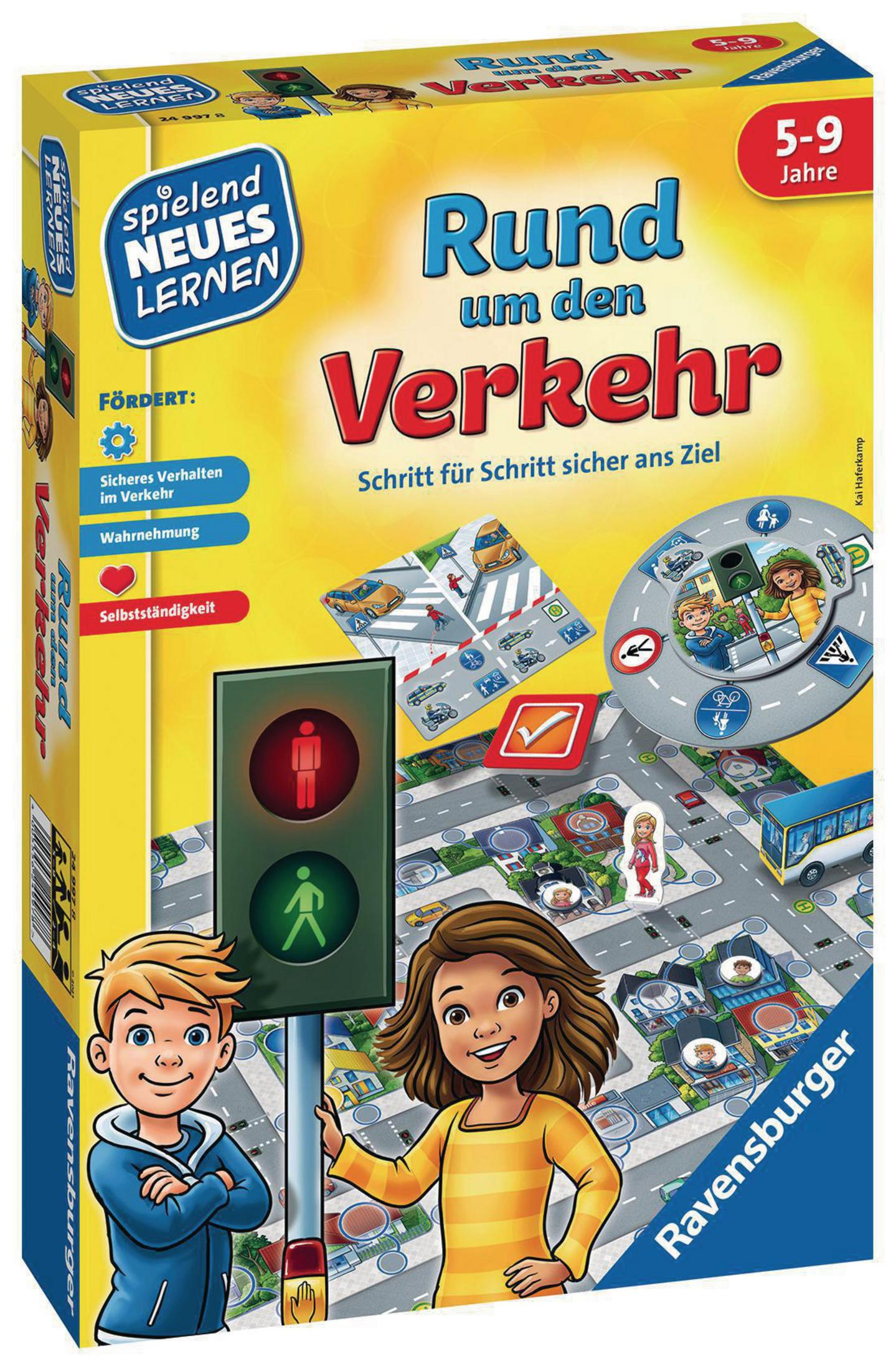 Brettspielbox mit einem Jungen und einem Mädchen. Das Spiel heißt Rund um den Verkehr.