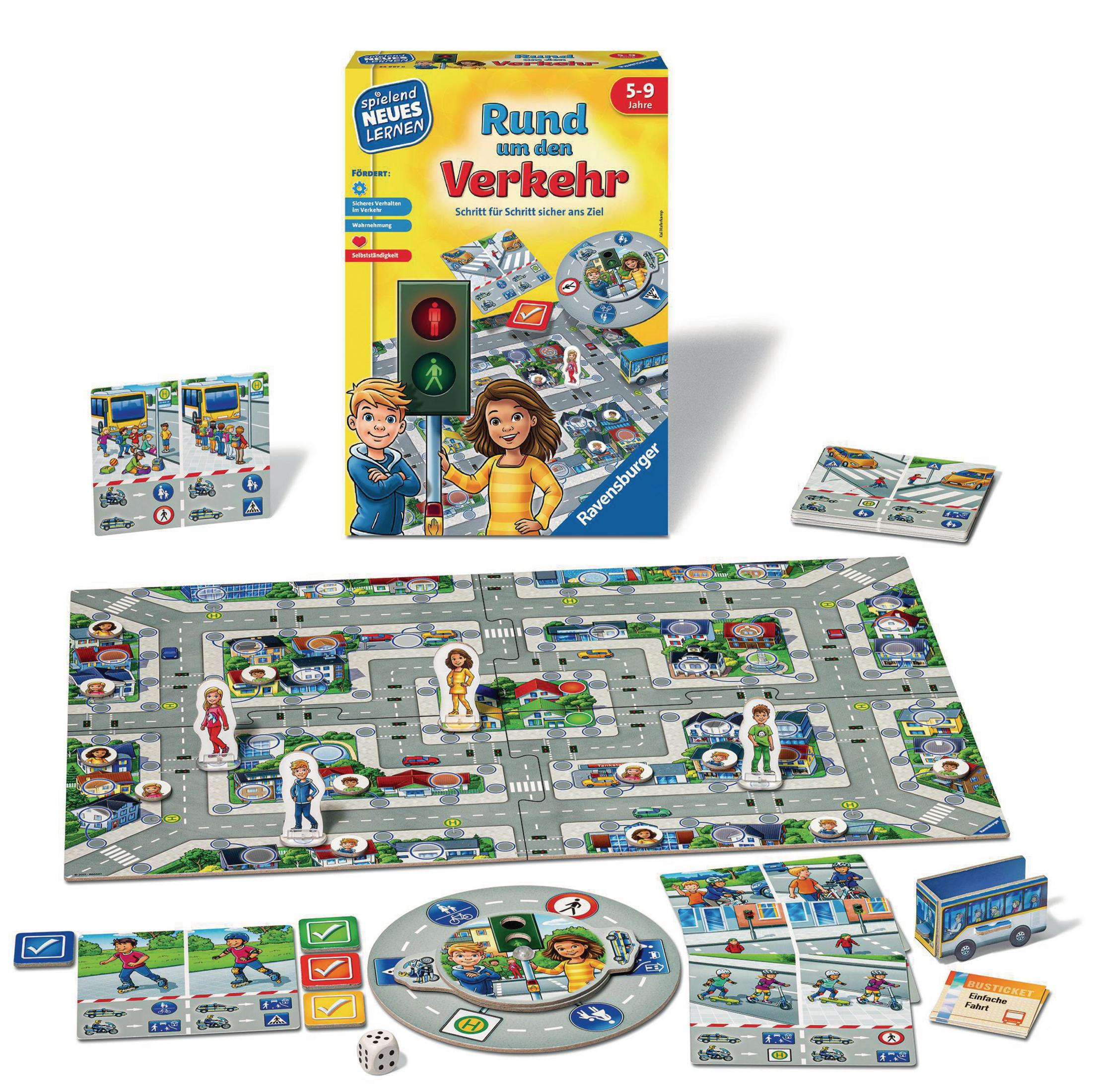 Brettspiel mit Stadt mit Verkehr und Figuren, Würfeln und Spielsteinen.