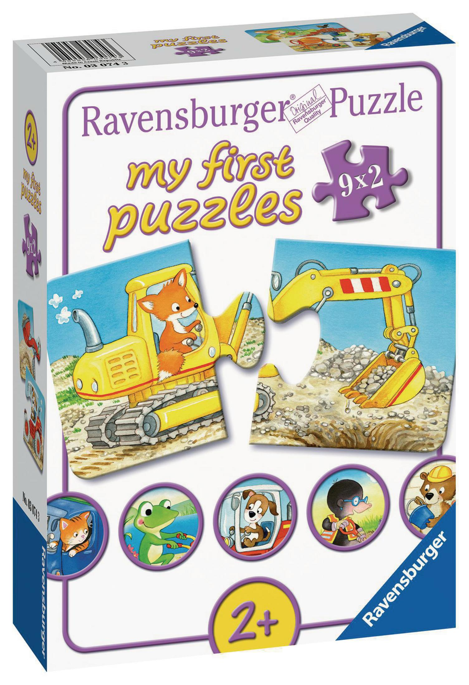 Scatola puzzle con una volpe su una scavatrice gialla e un cane in un'altra scavatrice. La scatola è viola.