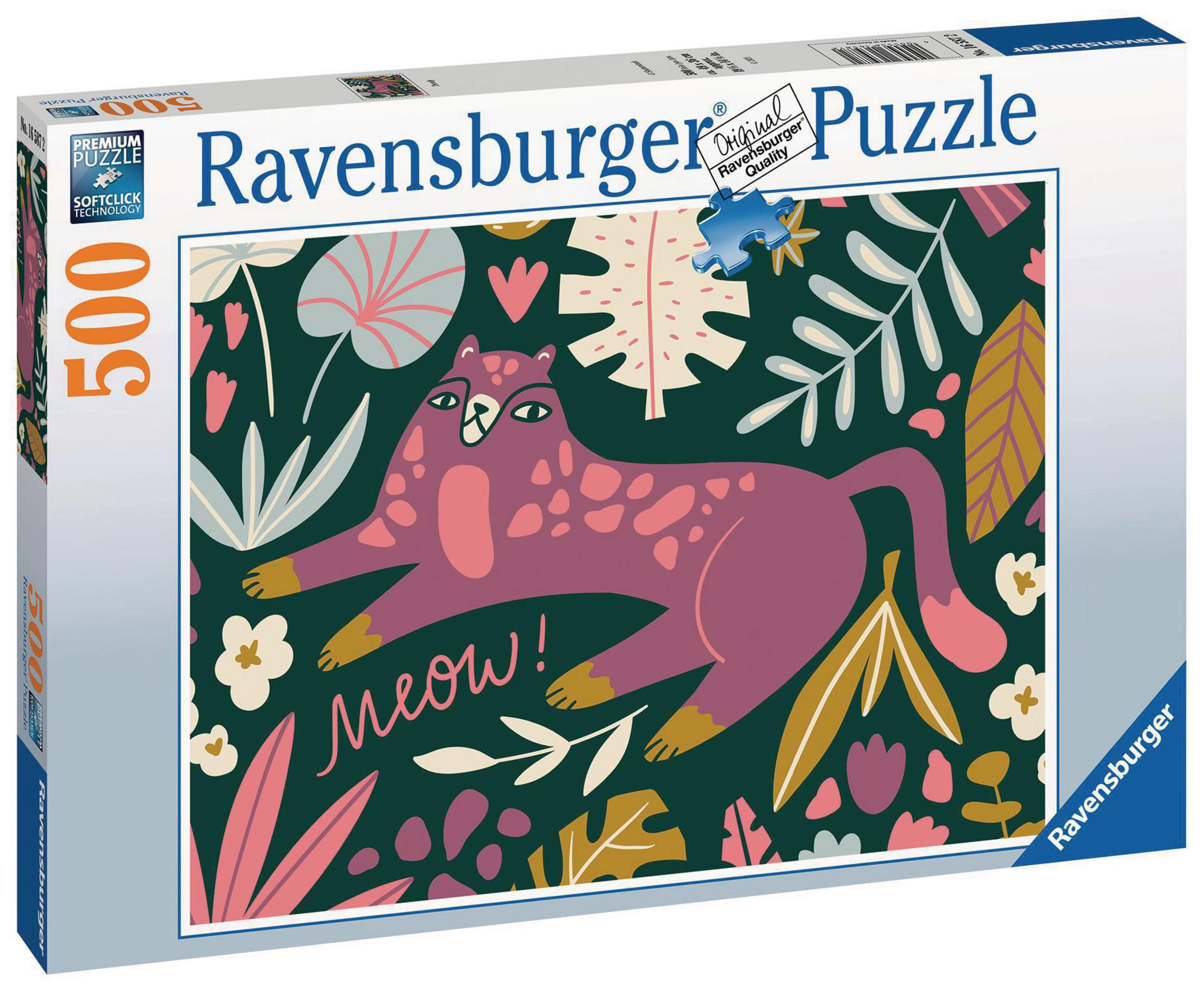 Una scatola di puzzle con un gatto dei cartoni animati, circondato da piante e la parola 'MEOW!'