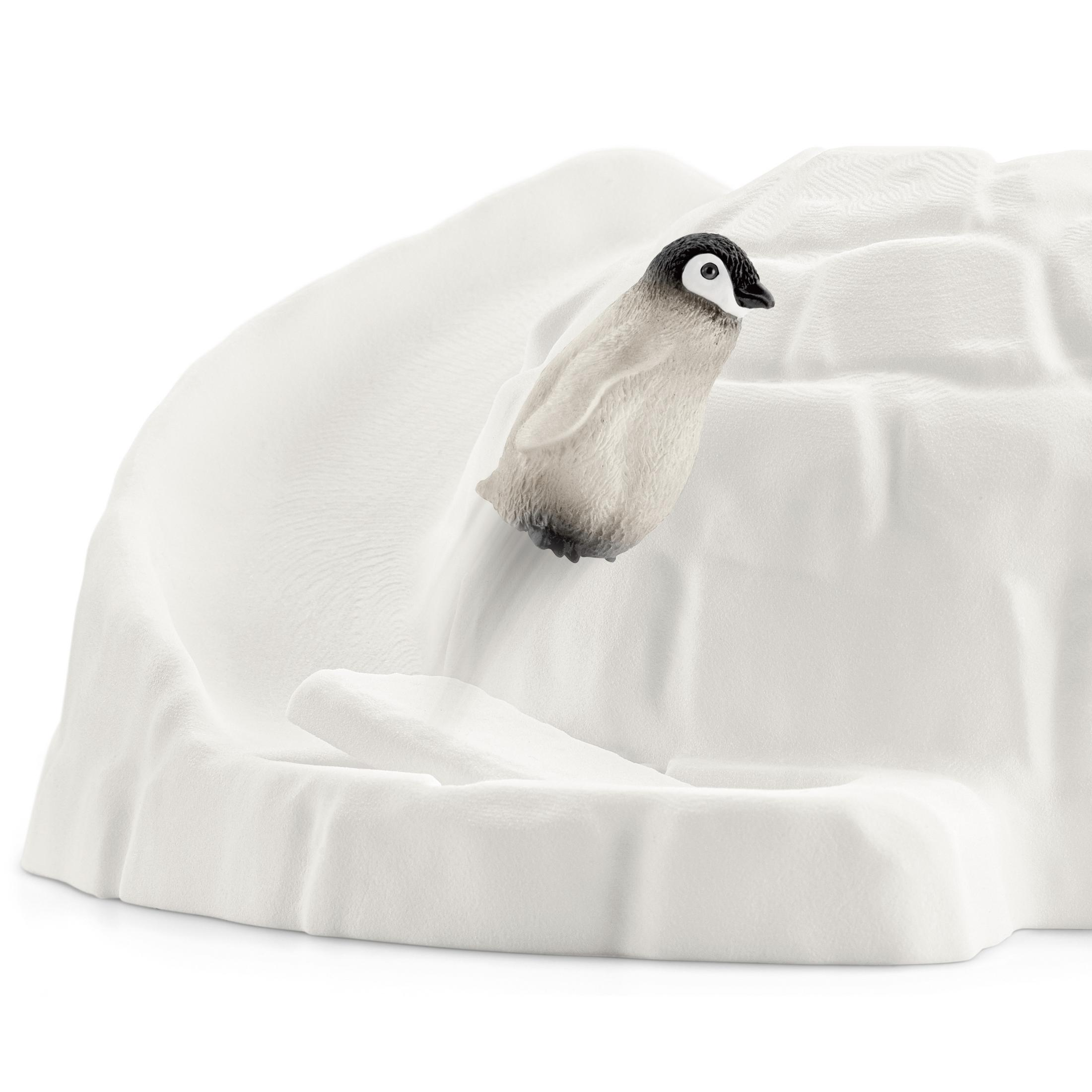 Poussin de manchot sur un paysage enneigé, à côté d'un igloo.