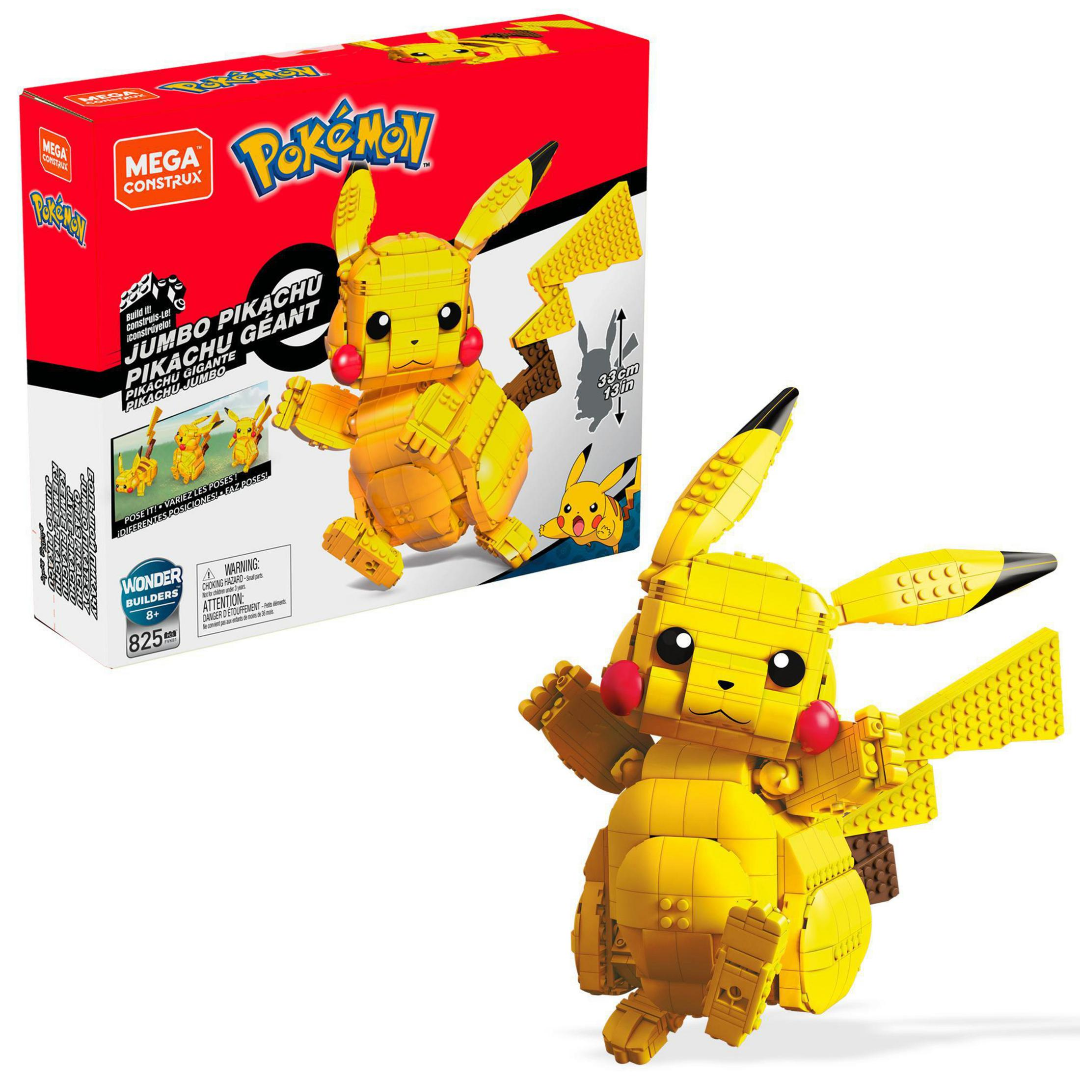 Una figura amarilla de Pikachu hecha de bloques, con una caja de la misma figura en el fondo.