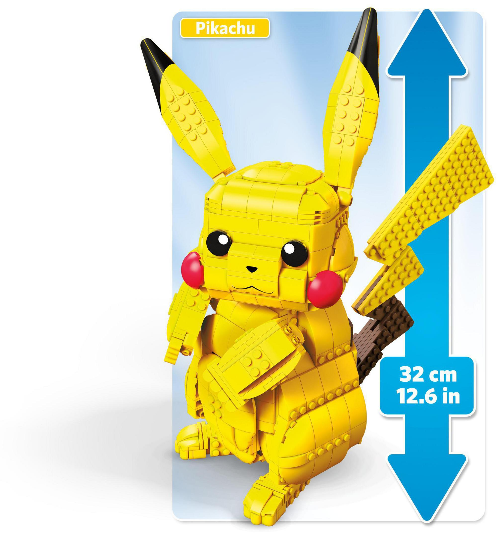 Modelo Lego de Pikachu amarillo con orejas negras y mejillas rojas, sobre fondo blanco.
