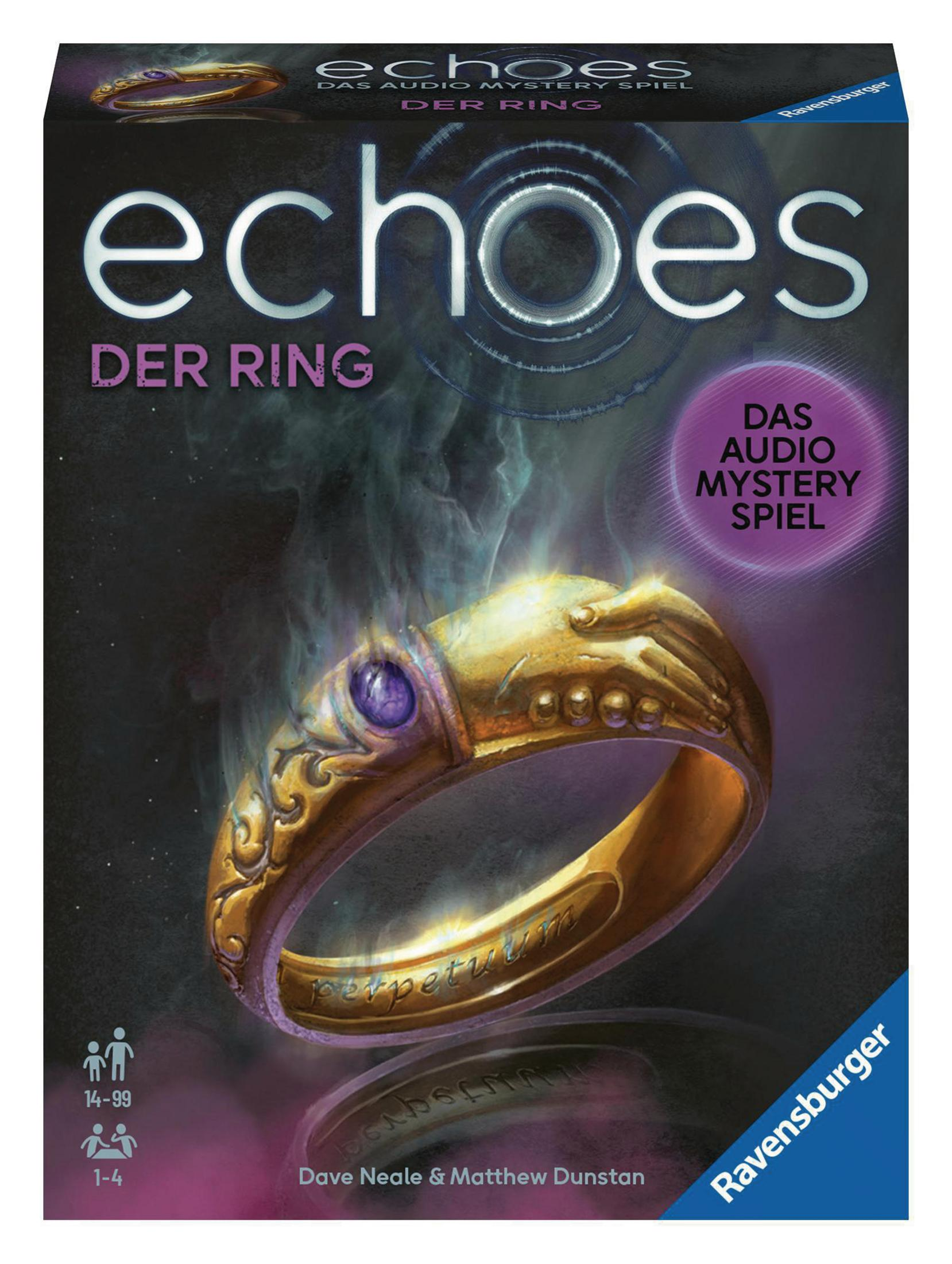 Pudełko gry planszowej ze złotym pierścieniem na okładce. Ciemne tło.