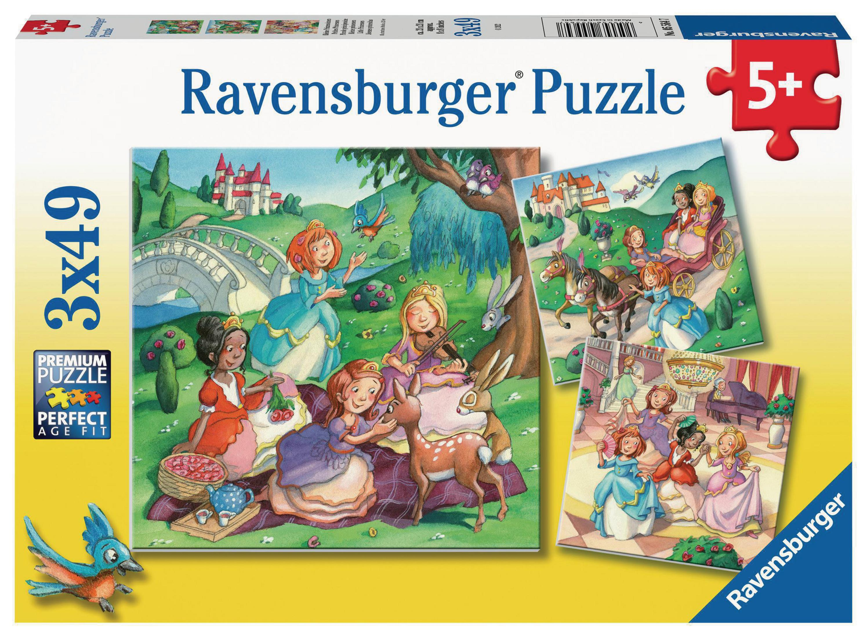 Eine Puzzleschachtel mit drei Puzzlebildern: Prinzessinnen, Picknick und Kutsche.