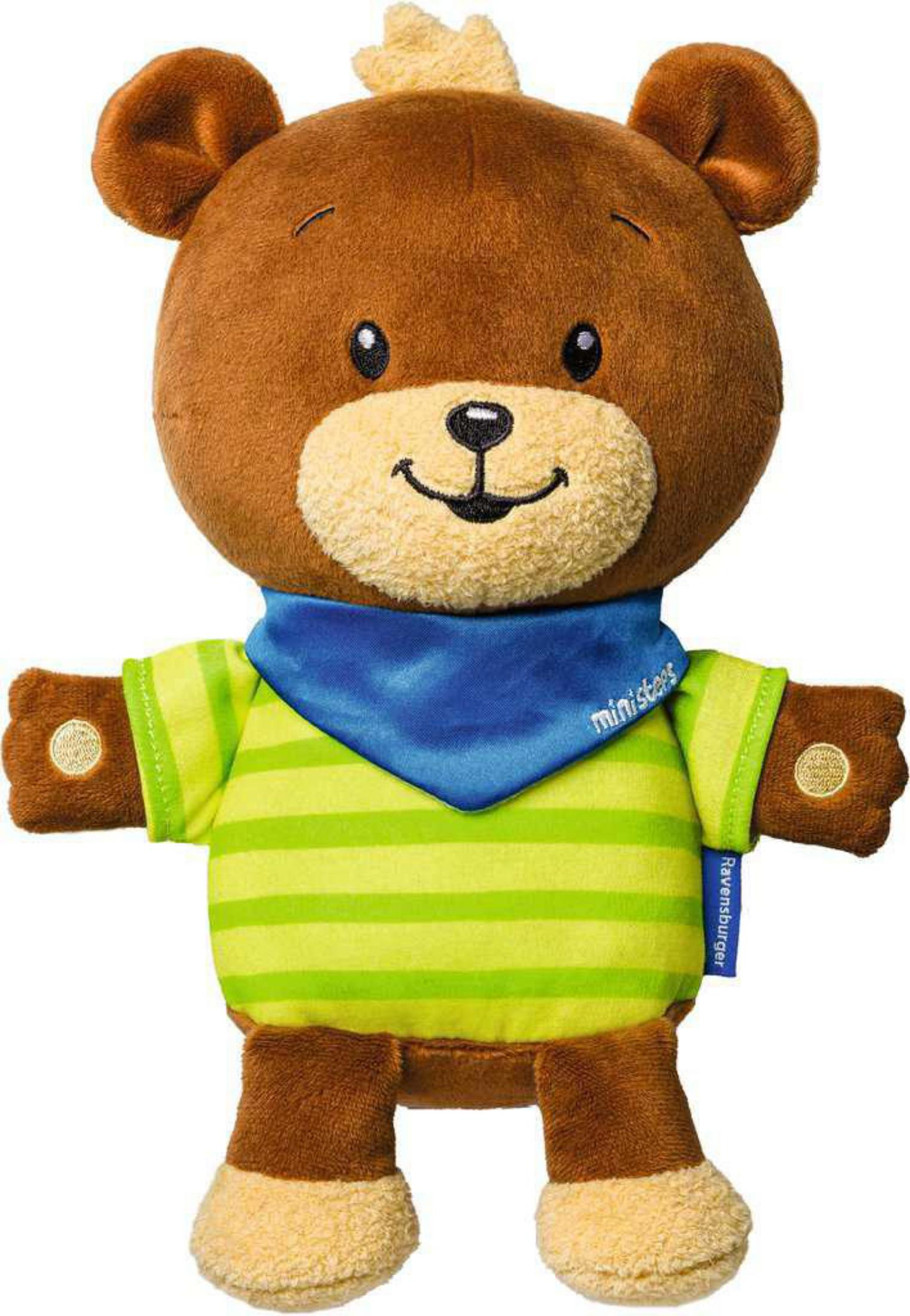 Ein brauner Teddybär mit einem blauen Halstuch und einem grün gestreiften Hemd. Der Bär lächelt.