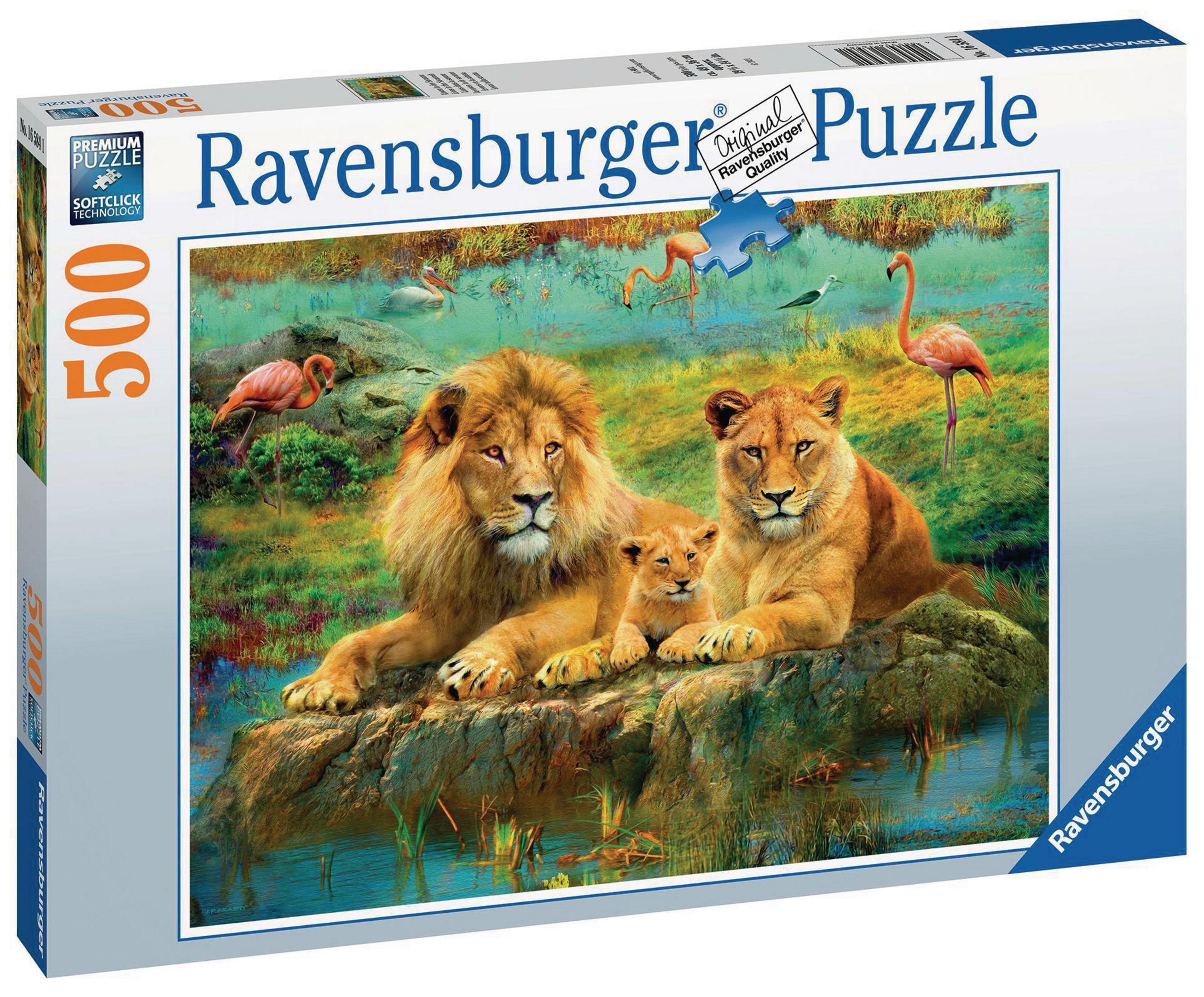 Pudełko z puzzlami Ravensburger ze sceną rodziny lwów. Lwy na skale w pobliżu wody.