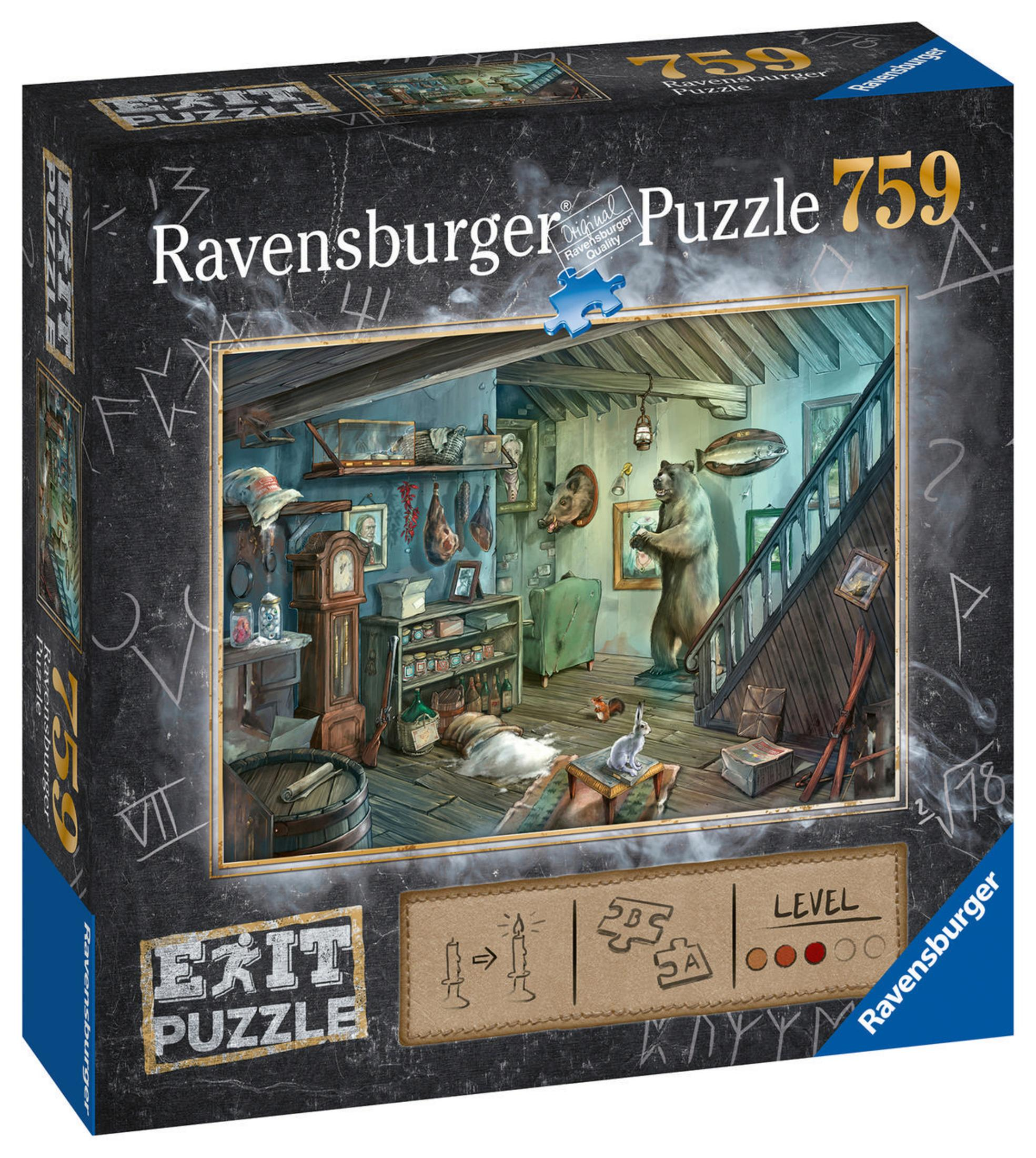 Ravensburger Puzzledose mit Raumszene. Ein Bär steht in der Nähe einer Treppe.