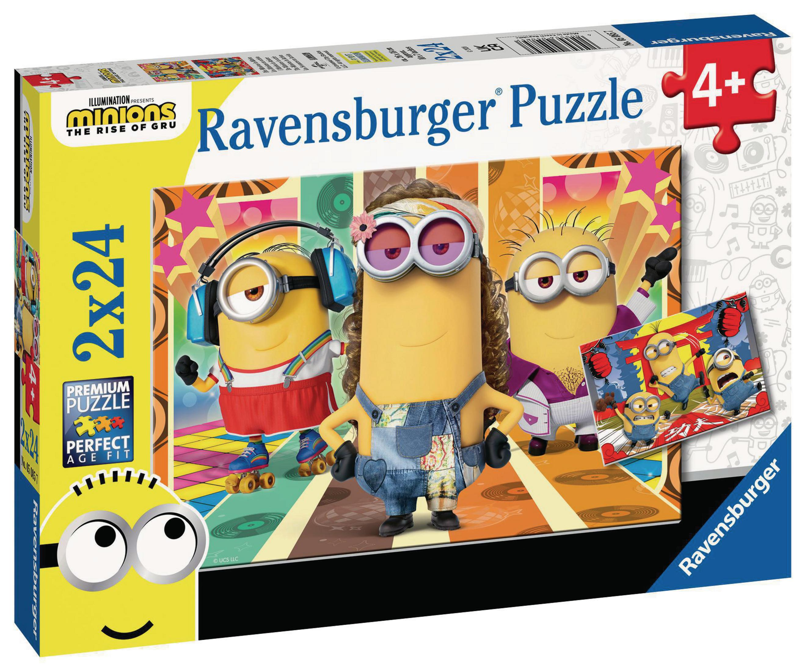 Minions-Puzzlebox. Drei Minions-Charaktere auf dem Puzzlebild. Box zeigt das Puzzle und das Logo.