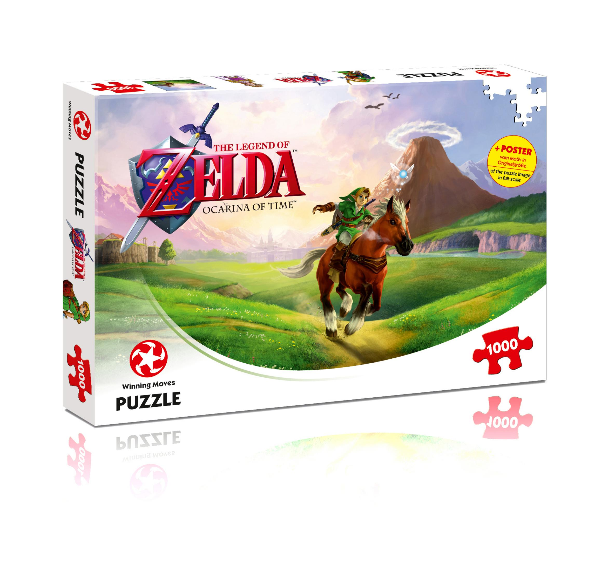 Pudełko z puzzlami Zelda: Link na koniu, zamek w tle i elementy układanki.