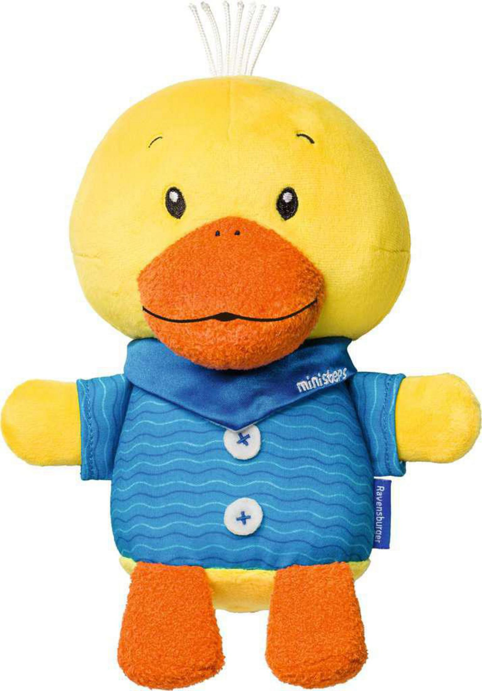 Gelbes Enten-Plüschtier mit blauem Hemd, orangefarbenen Füßen und Schnabel.