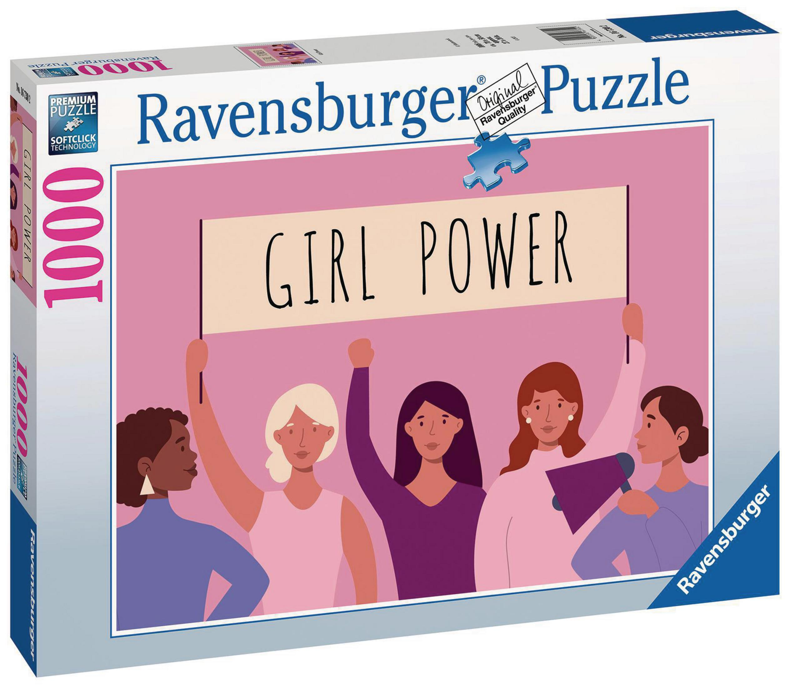 Boîte de puzzle Ravensburger montrant des femmes tenant une bannière avec GIRL POWER, fond rose.