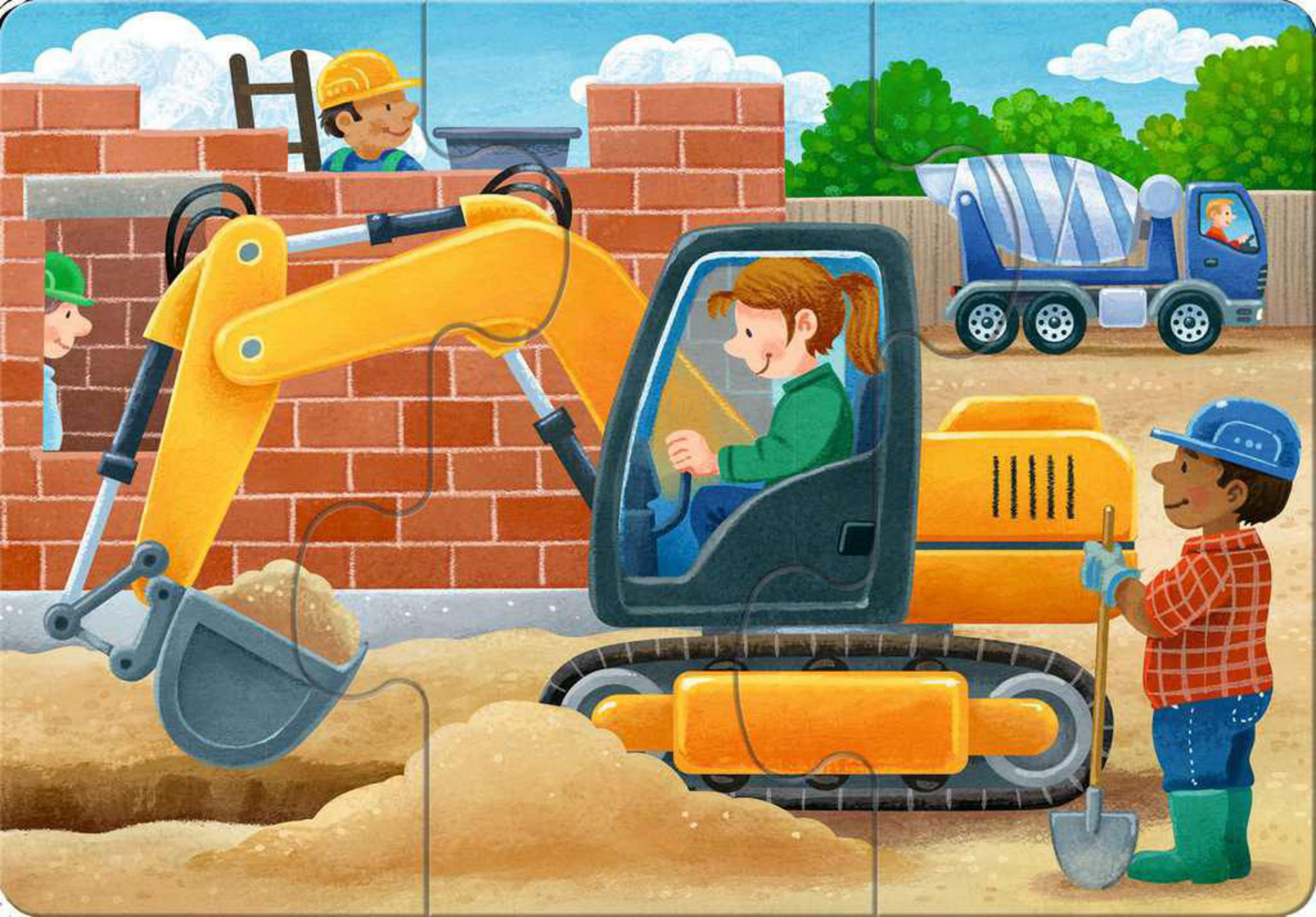 Puzzle z dziećmi i sceną budowy: koparka, robotnicy, ceglany mur i betoniarka.