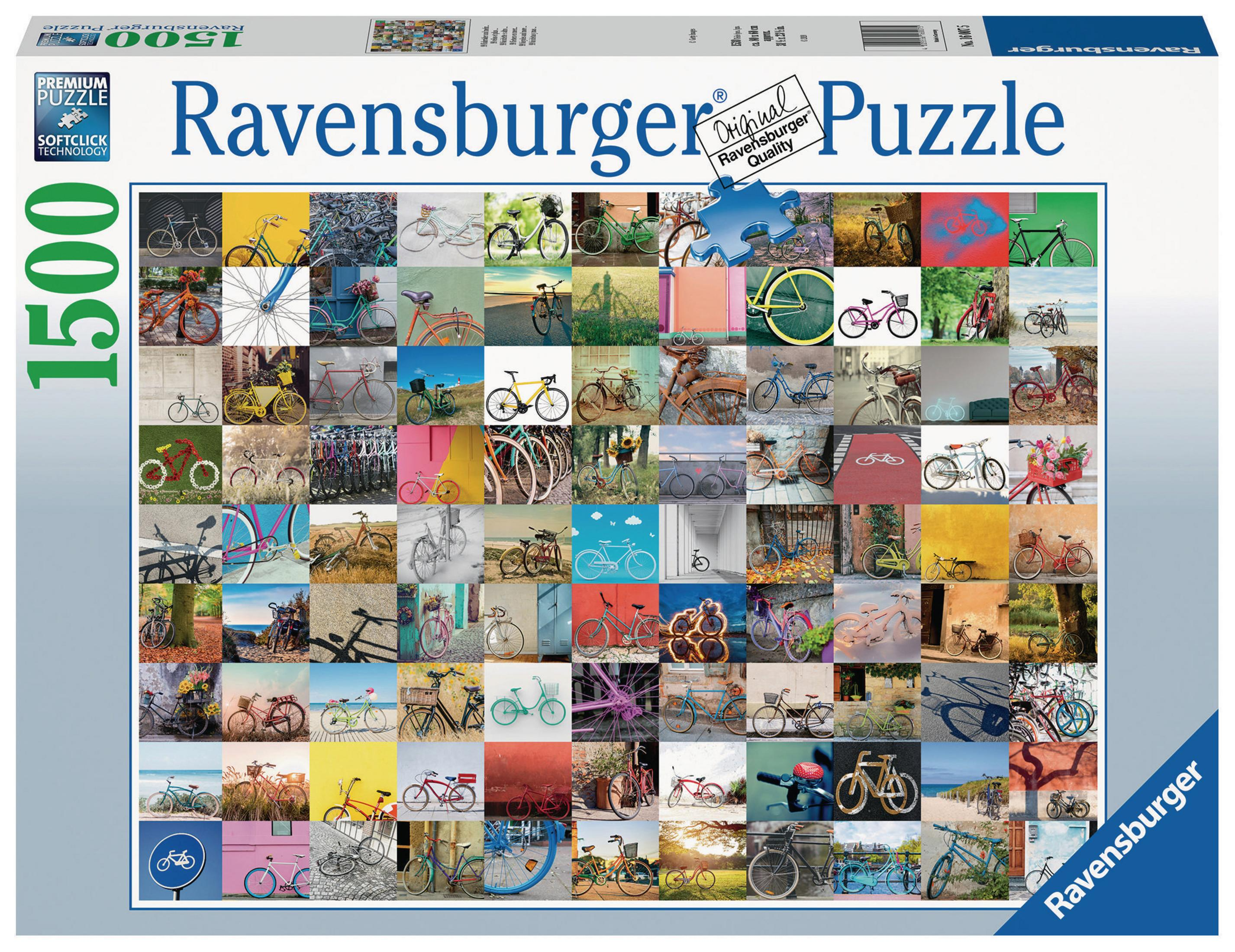 Pudełko z puzzlami przedstawiające wiele rowerów, w różnych kolorach i stylach. Puzzle mają 1500 elementów.