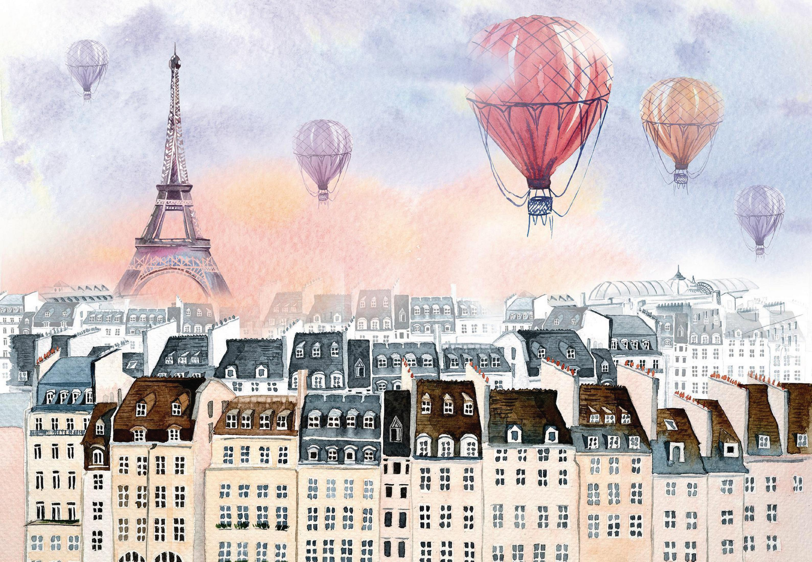 Dipinto ad acquerello di Parigi. Torre Eiffel, edifici e mongolfiere. Colori blu e rosa.