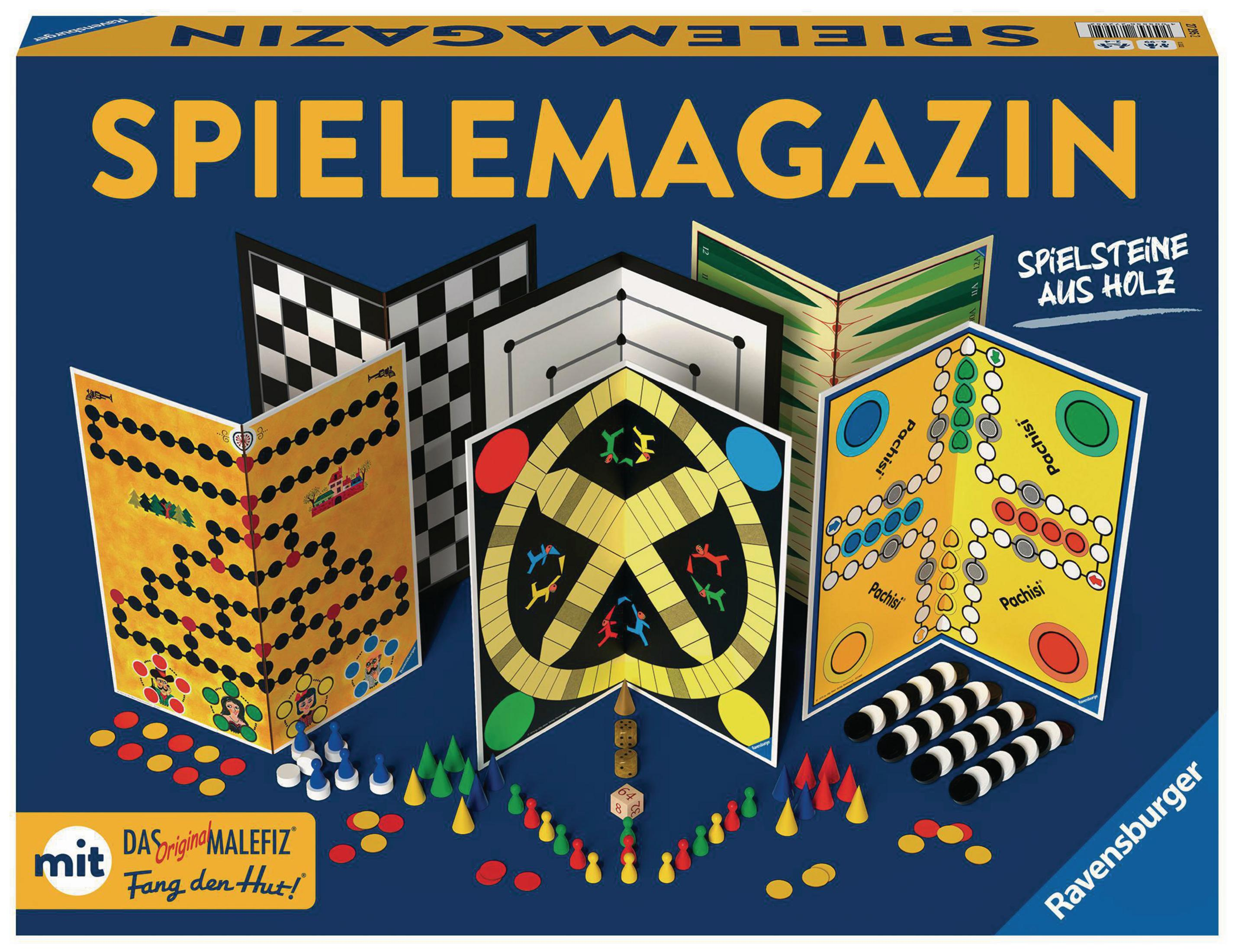Eine Brettspielbox, geöffnet, um mehrere Spielbretter und Spielsteine auf blauem Grund zu zeigen.
