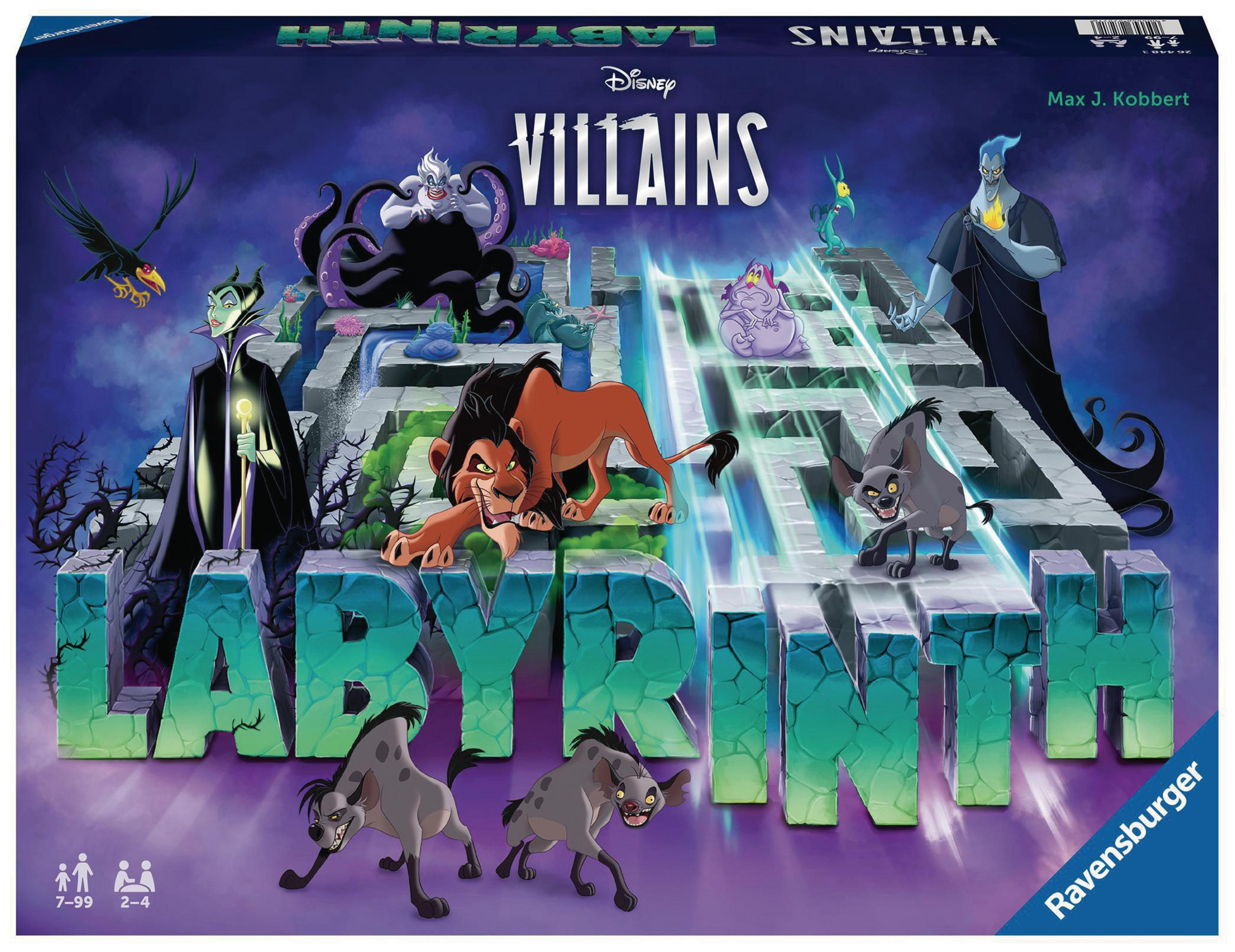 Brettspielbox mit Disney-Villains-Thema. Enthält Schurken, Labyrinth-Design und Spielsteine.
