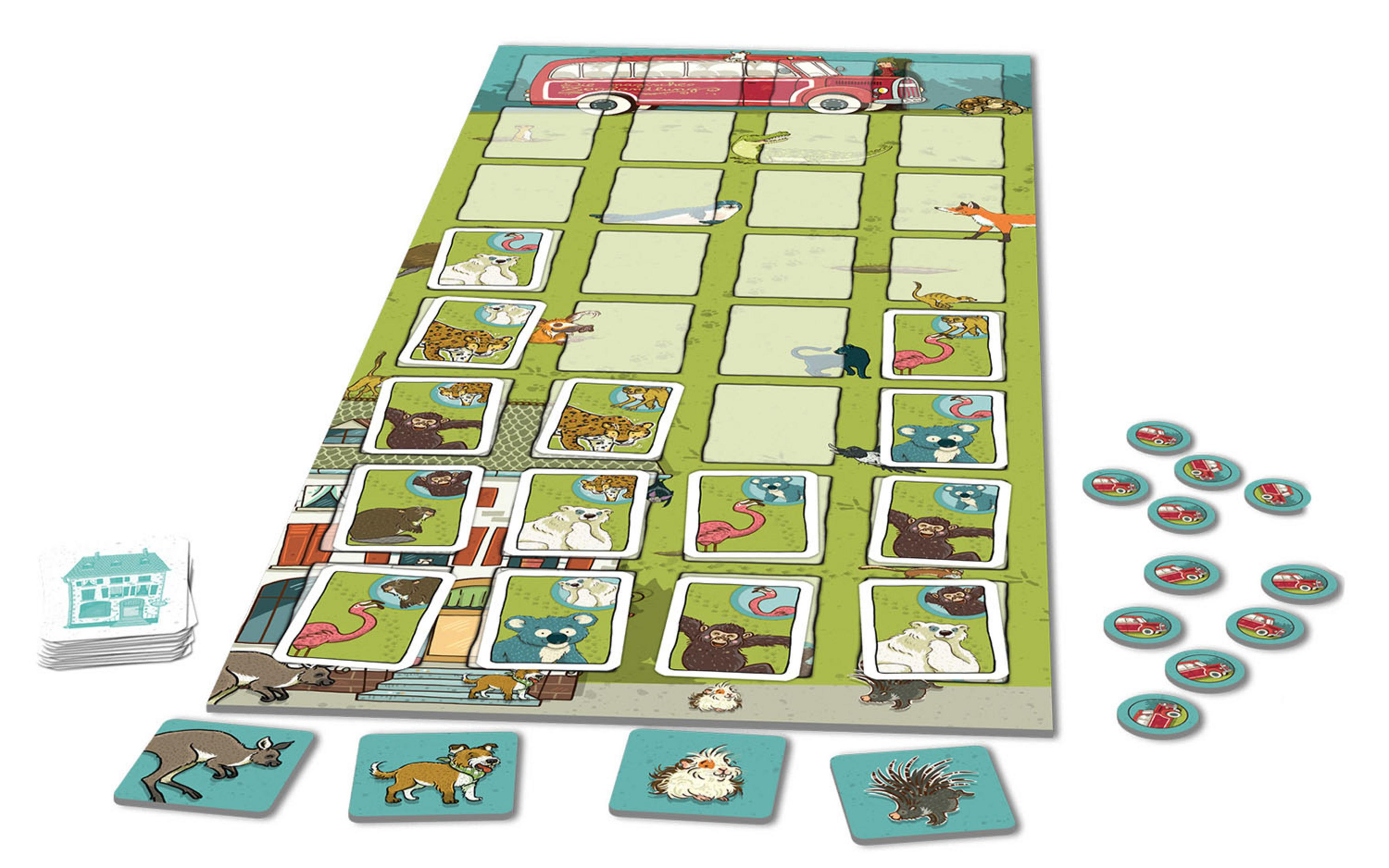 Gra planszowa z kafelkami ze zwierzętami i samochodami, ilustracje zwierząt, białe tło.