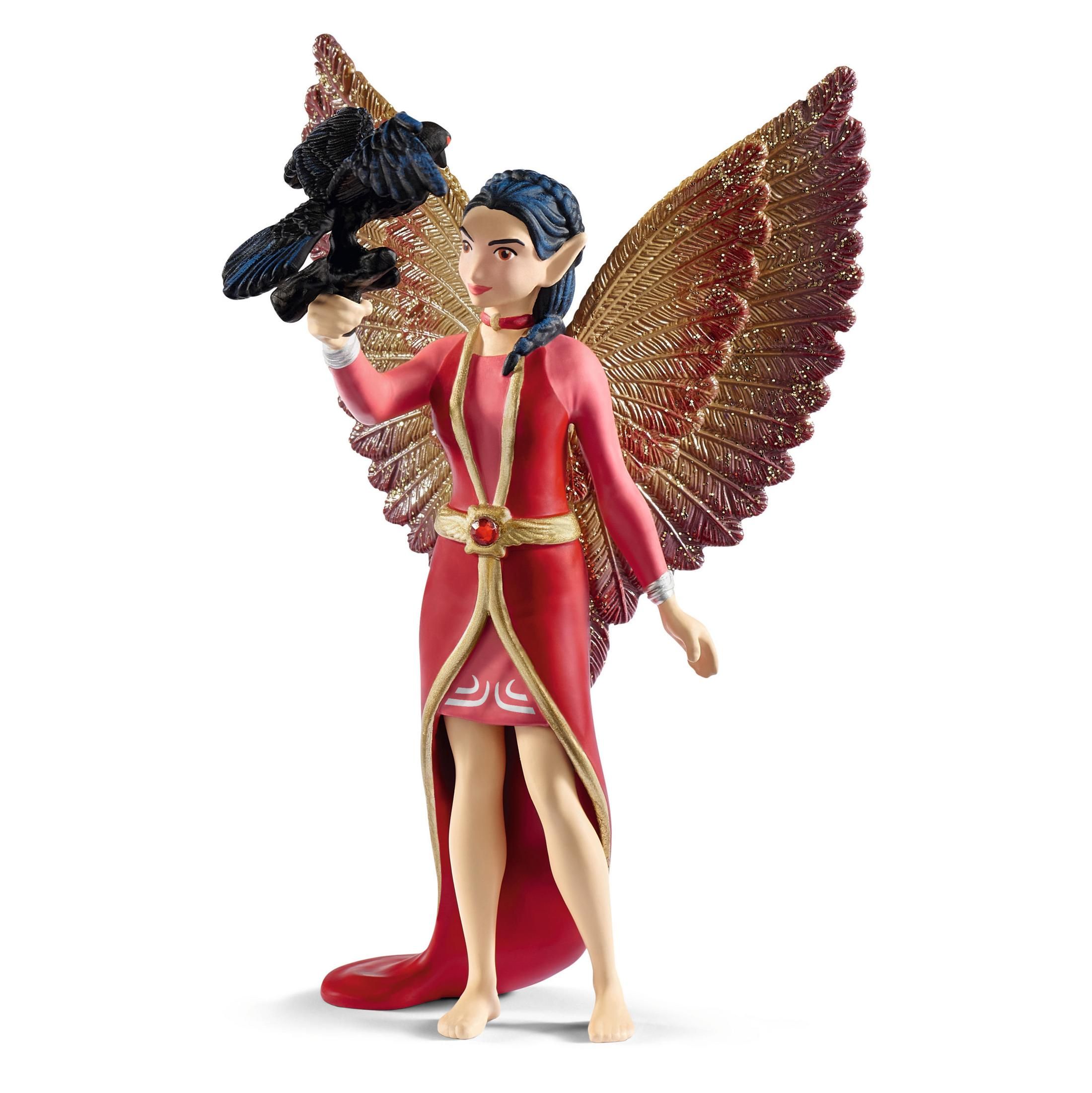 Fee, die einen schwarzen Vogel hält. Rotes Kleid, goldene Flügel und blaue Haare. Weißer Hintergrund.