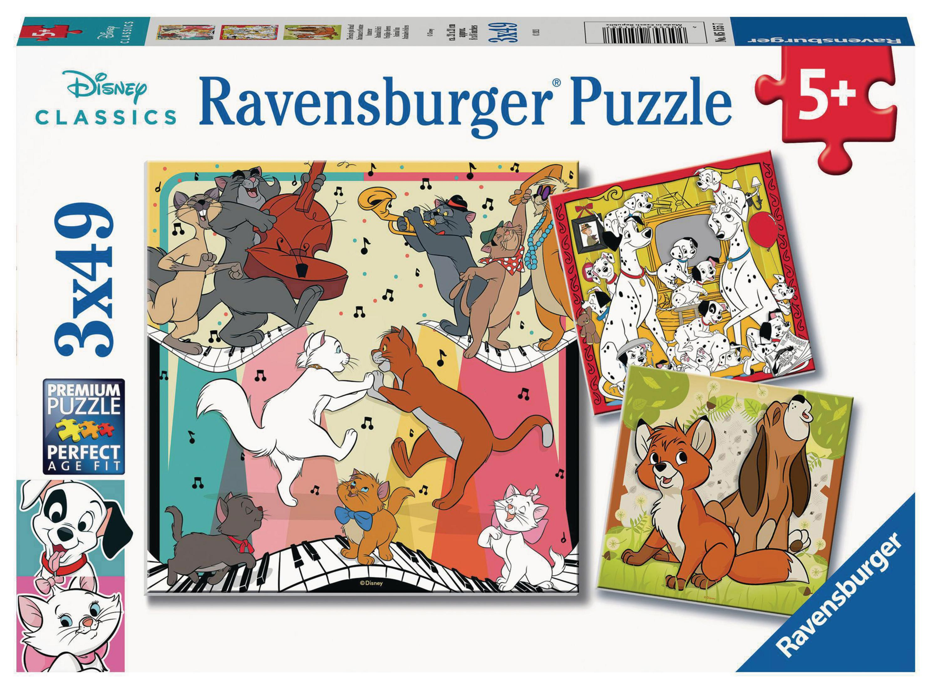Pudełko z puzzlami Disney Classics Ravensburger. Przedstawia postacie z kreskówek i elementy układanki.