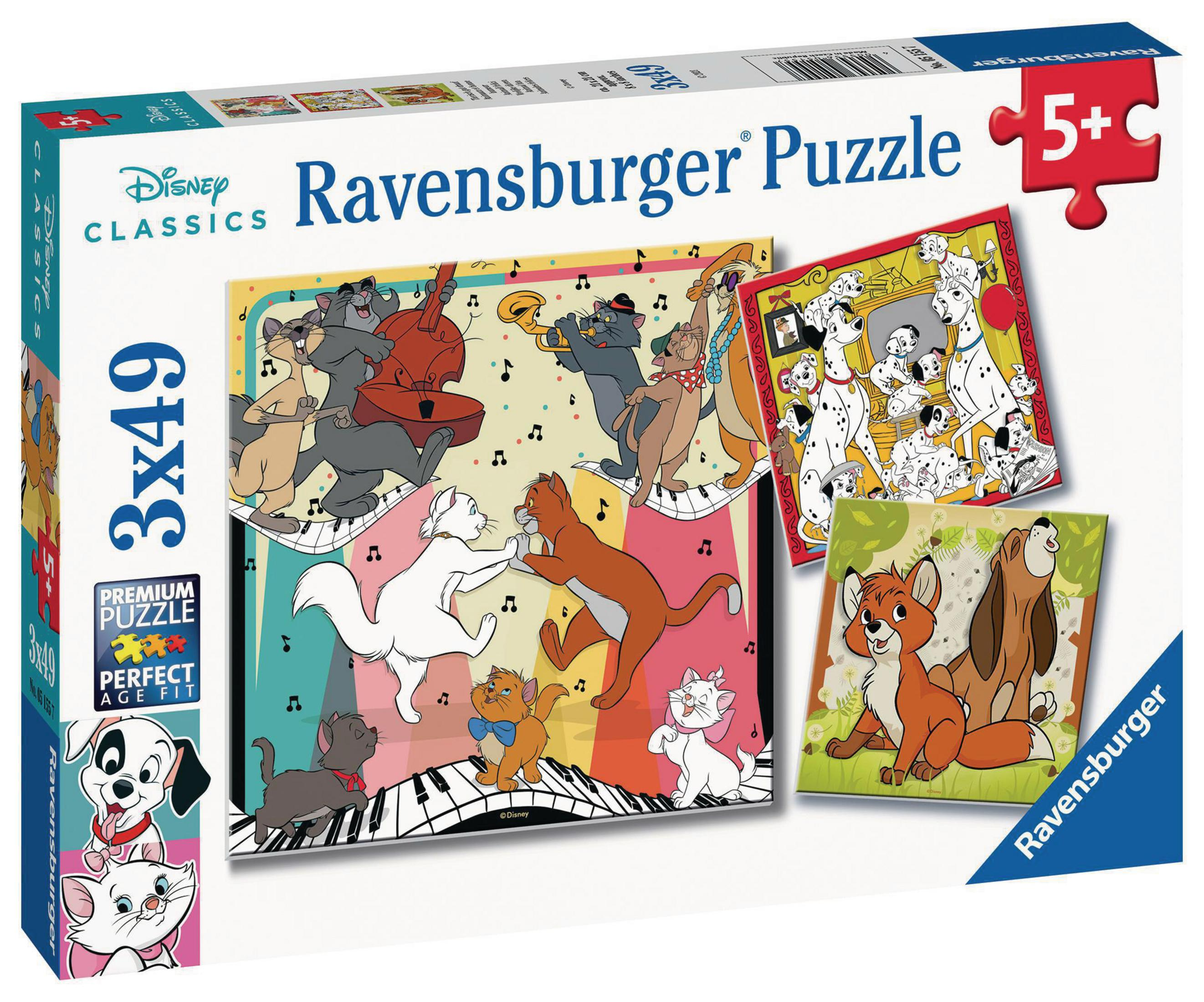 Pudełko z puzzlami Disneya z różnymi postaciami z kreskówek na obrazku.