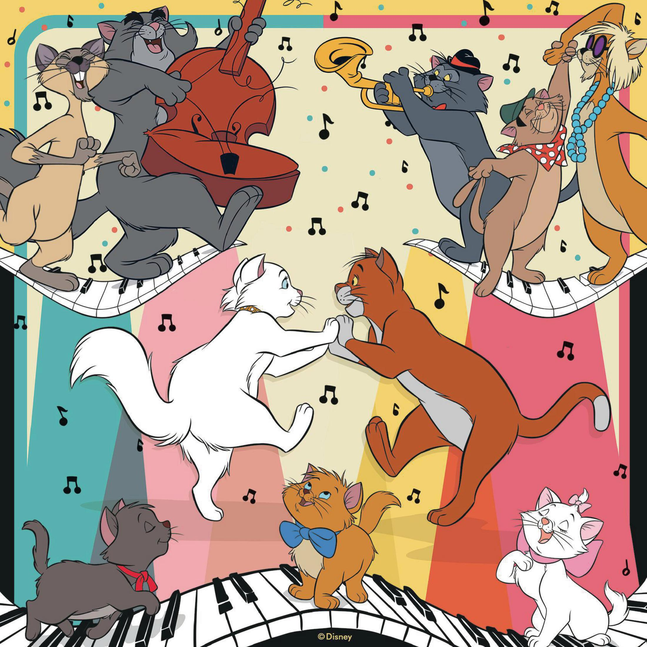 Kreskówkowe koty grające muzykę. Klawisze fortepianu i nuty w tle.