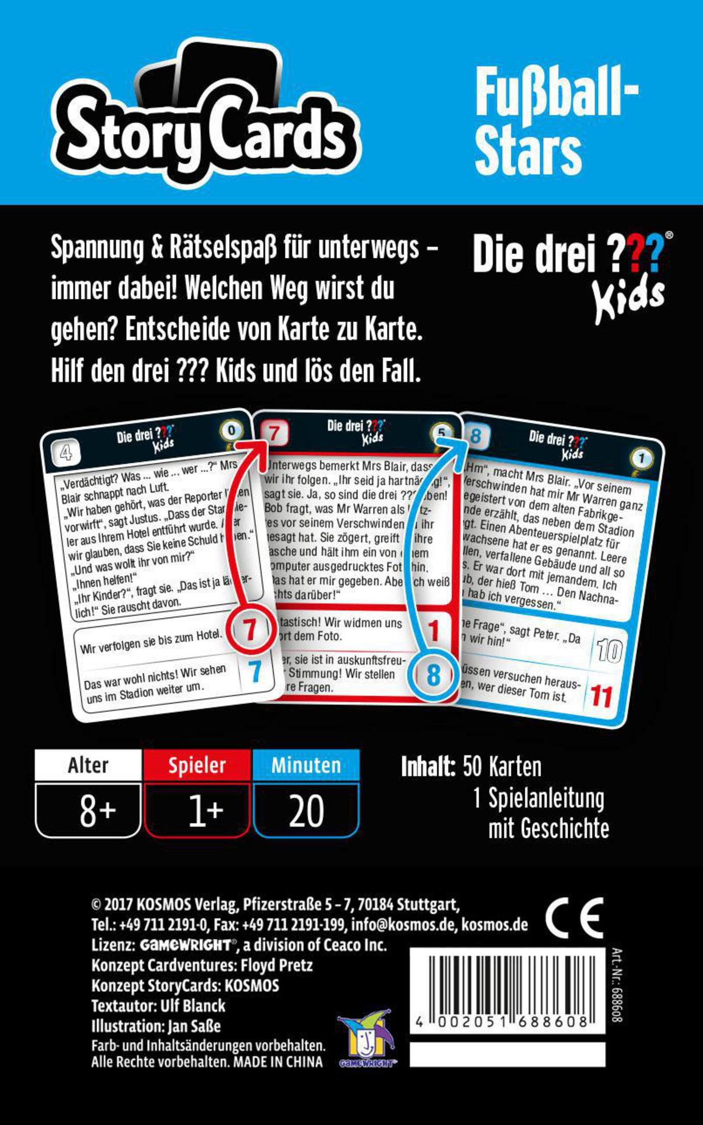 StoryCards-Spielbox. Drei Karten mit Text sind sichtbar. Das Spiel enthält 50 Karten.