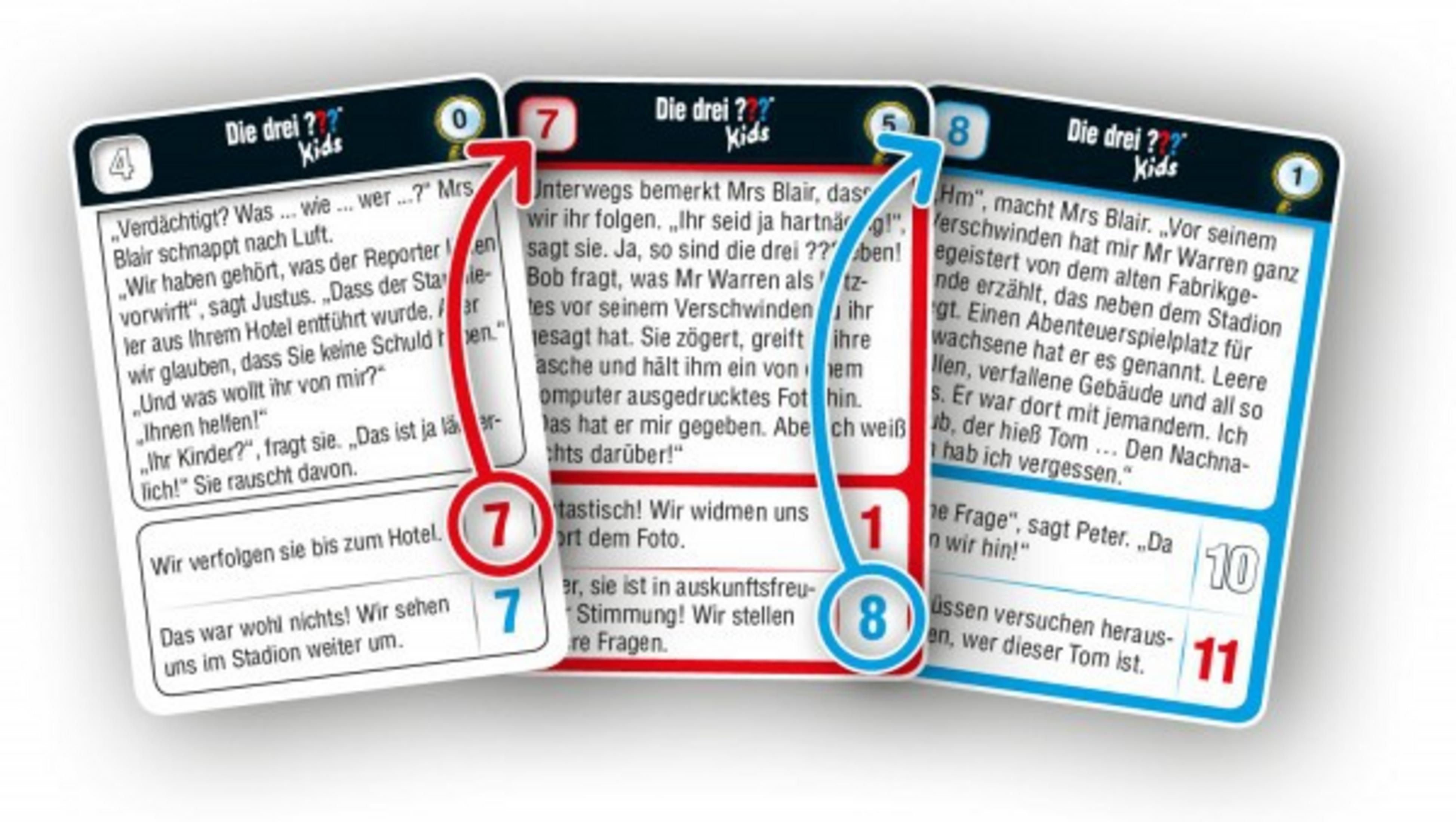 Drei Detektivkarten für Kinder mit Text und Zahlen, ein weißer Hintergrund.