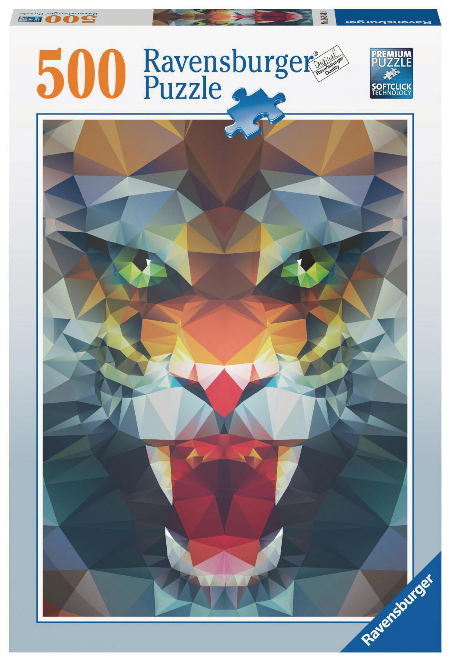 Puzzle-Box: Tigergesicht aus geometrischen Formen, mit offenem Maul.